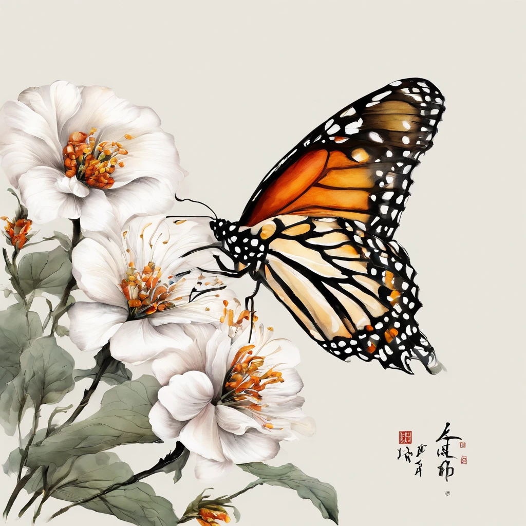 Monarch Butterfly,ukiyoe painting,Huge flowers,夏天, (((white background))),Cheng Jiasui's minimalist paintings, Tumblr, Minimalism, Chinese watercolor style, Chinese style painting, Chinese painting style