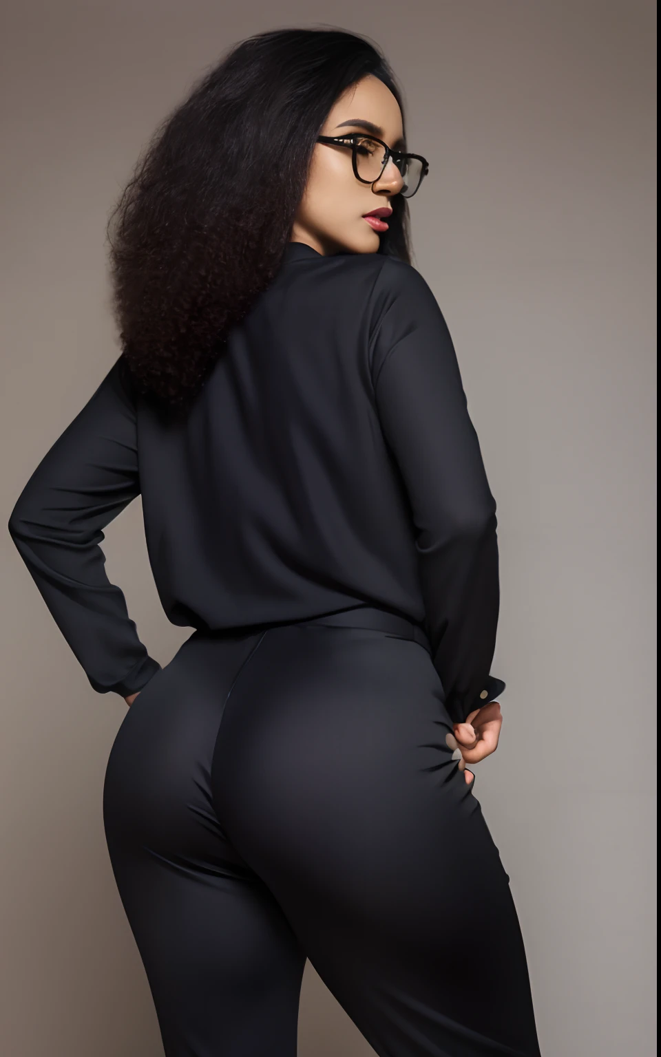 Stunning saharian girl, Masterpiece, ultra hd, 4k, high resolution detail, classroom background detailed, perfect lighting, sunset, 1 lady, solo shot, A afro ponytail lady,beautiful face detailed, eyes detailed, lips detailed, slender toned body, (thick thigh), (medium droopy breast), (rounded hips), (thick ass), perfect proportion and shape, seductive pose, back view, look at camera, fear face detailed, (long sleeve white blouse tucked in), ((grey tight shiny formal trouser)), dark skin , fair skin, ((glasses)), satin pant
