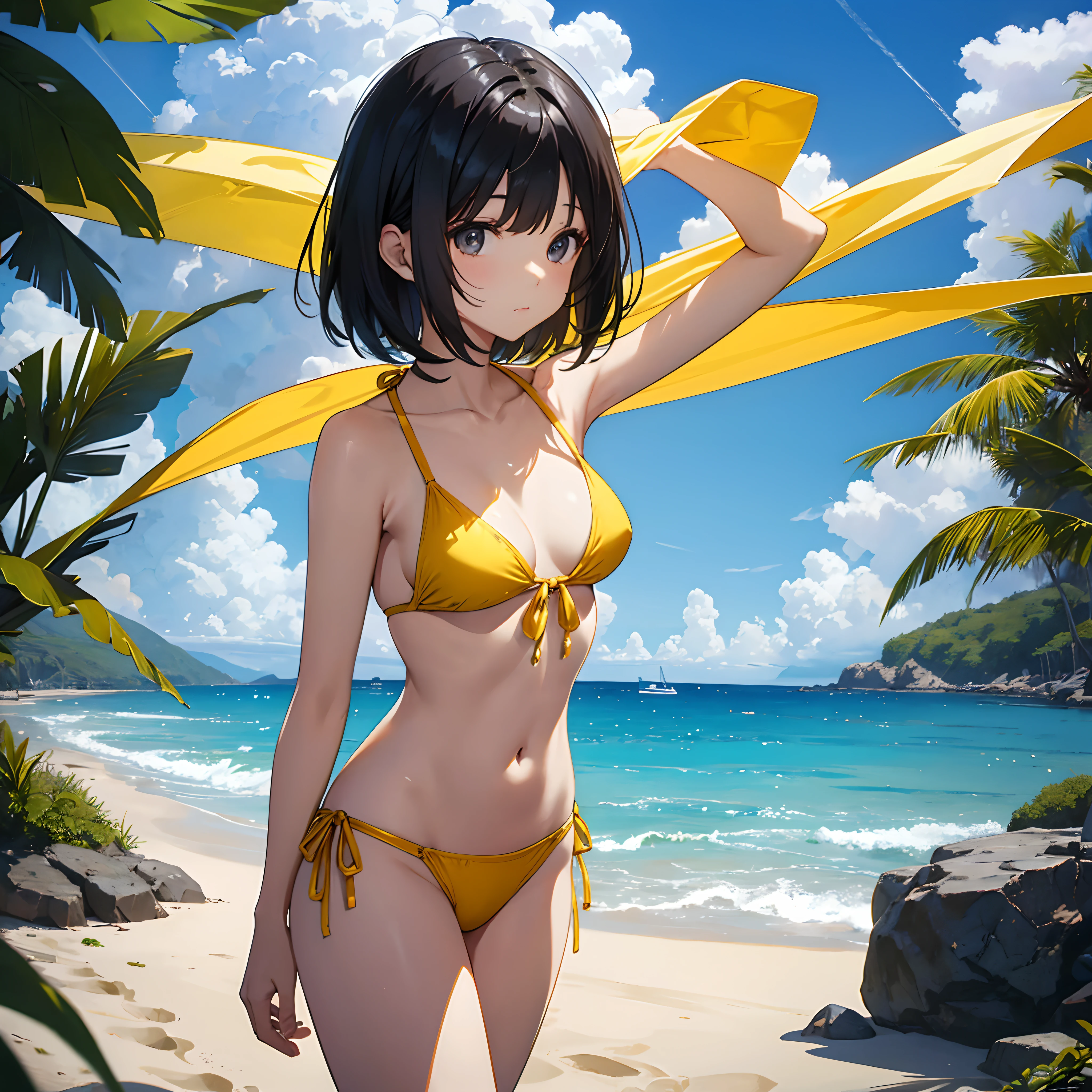 Woman in yellow bikini、shoulder-length black hair、24 year old、Medium bob、the beach、top-quality、Hidden hands、Navel Ejection