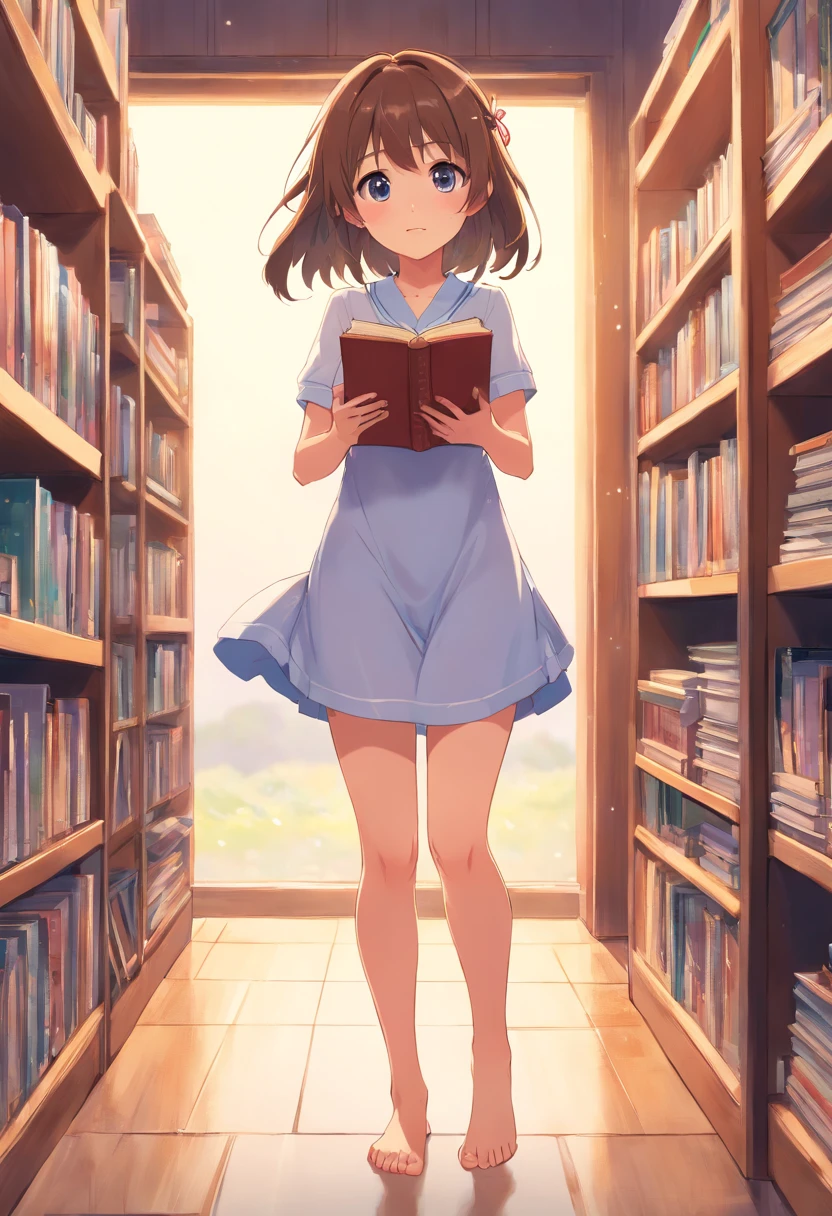 Cute loli，Barefoot，Tummy down，head looking up，Raise your feet，shift dresses，white  panties，largeeyes，Anime cute face，looking at book，Wet da