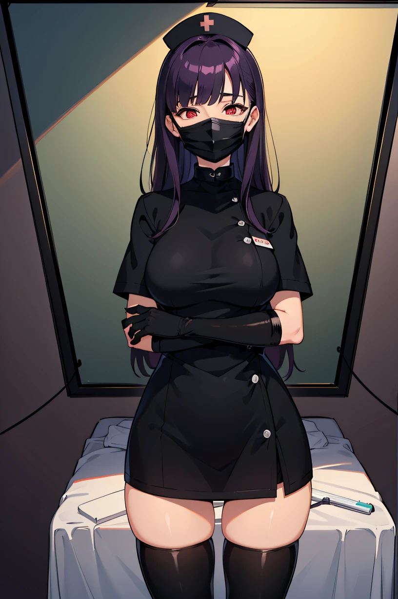 black nurse, 1woman, solo, black nurse cap, black wear, ((black legwear, zettai ryouiki)), black elbow gloves, long hair, purple hair, red eyes, ((black surgical mask, covered nose)), standing, ((surgery room)), sharp outline, short sleeves, mature female, 35 years old, best quality, masterpiece