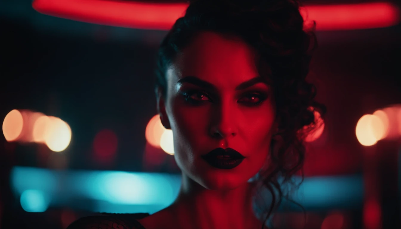 close up of a beautiful vampire woman in a night club, red neon lights, dark clubbing, blood on her face, horror cyberpunk aesthetic.