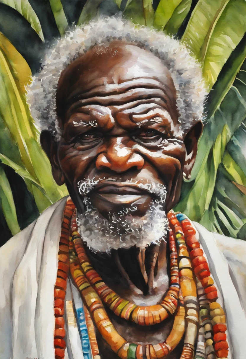 70 year old man with tribal clothes in a tropical enviroment. White harr, big ang gigant fluffy eyebrows, that absolutly cover up the eyes. Black skin. Wears a quarterstaff.