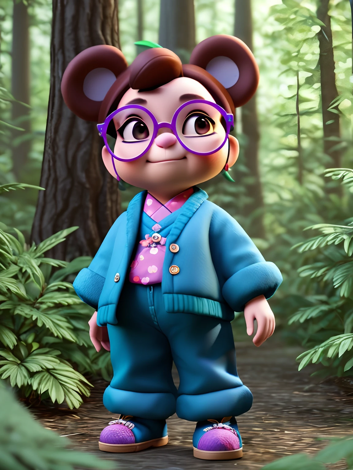 Grandma blue teddy bear in floral clothes standing in the woods, With reading glasses，3D model of a Japanese mascot, Maya 8 K, anime lush john 8k woods, 3 d character, 3d character, Diego 5, 3D model Pixar rendering, an animated character, 3 d character render, Fanart, movie character, rendered in maya, mischievous look :: rendering by octane