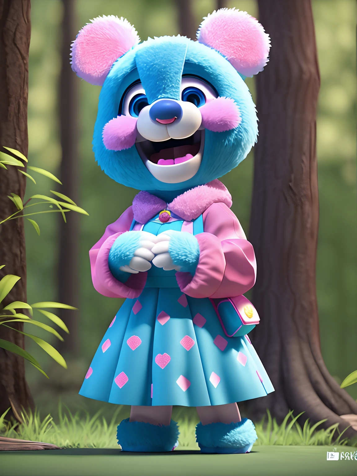 Miss Blue Teddy Bear，japanese mascot，Standing in the woods，Pink dress，With jewelry 3D model, Maya 8 K, anime lush john 8k woods, 3 d character, 3d character, Diego 5, 3D model Pixar rendering, an animated character, 3 d character render, Fanart, movie character, rendered in maya, The look of laughter :: rendering by octane