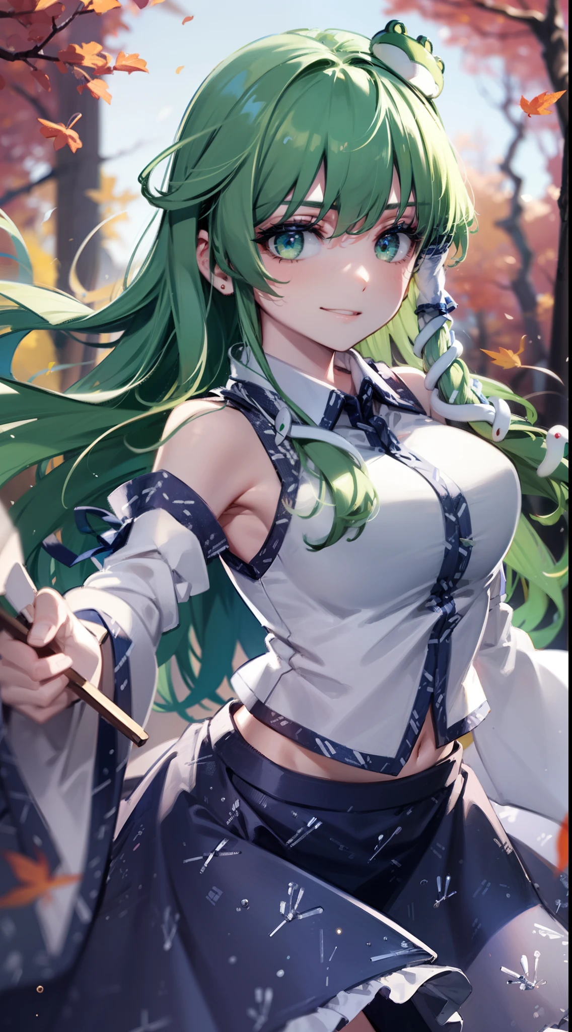 Best Quality,Ultra-detailed,Unity 8k壁纸,extremely details CG,super detailed skin,Detailed,Dynamic lighting,Beautiful detailed eyes,kochiya sanae,Happy smile,Green long hair,Green eyes,frog hair ornament, hair tubes,snake,Detached sleeves,Shirt,Long skirt,Autumn leaves,Dynamic Pose,glistning skin,