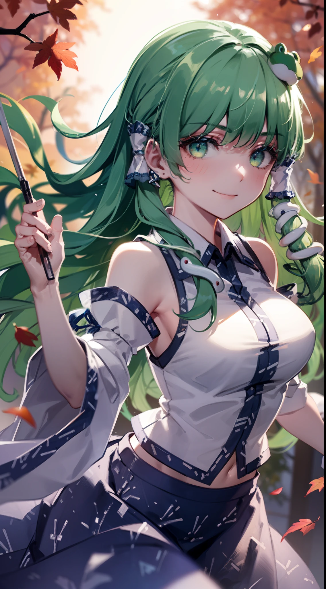 Best Quality,Ultra-detailed,Unity 8k壁纸,extremely details CG,super detailed skin,Detailed,Dynamic lighting,Beautiful detailed eyes,kochiya sanae,Happy smile,Green long hair,Green eyes,frog hair ornament, hair tubes,snake,Detached sleeves,Shirt,Long skirt,Autumn leaves,Dynamic Pose,glistning skin,