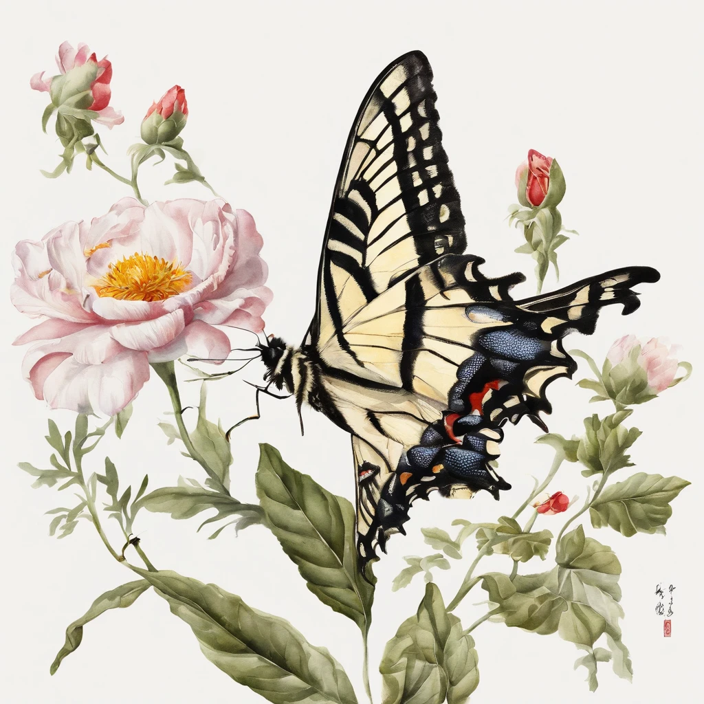 Black Swallowtail Butterfly，ukiyoe painting，Huge flowers，夏天, (((white background))),Cheng Jiasui's minimalist paintings, Tumblr, Minimalism, Chinese watercolor style, Chinese style painting, Chinese painting style