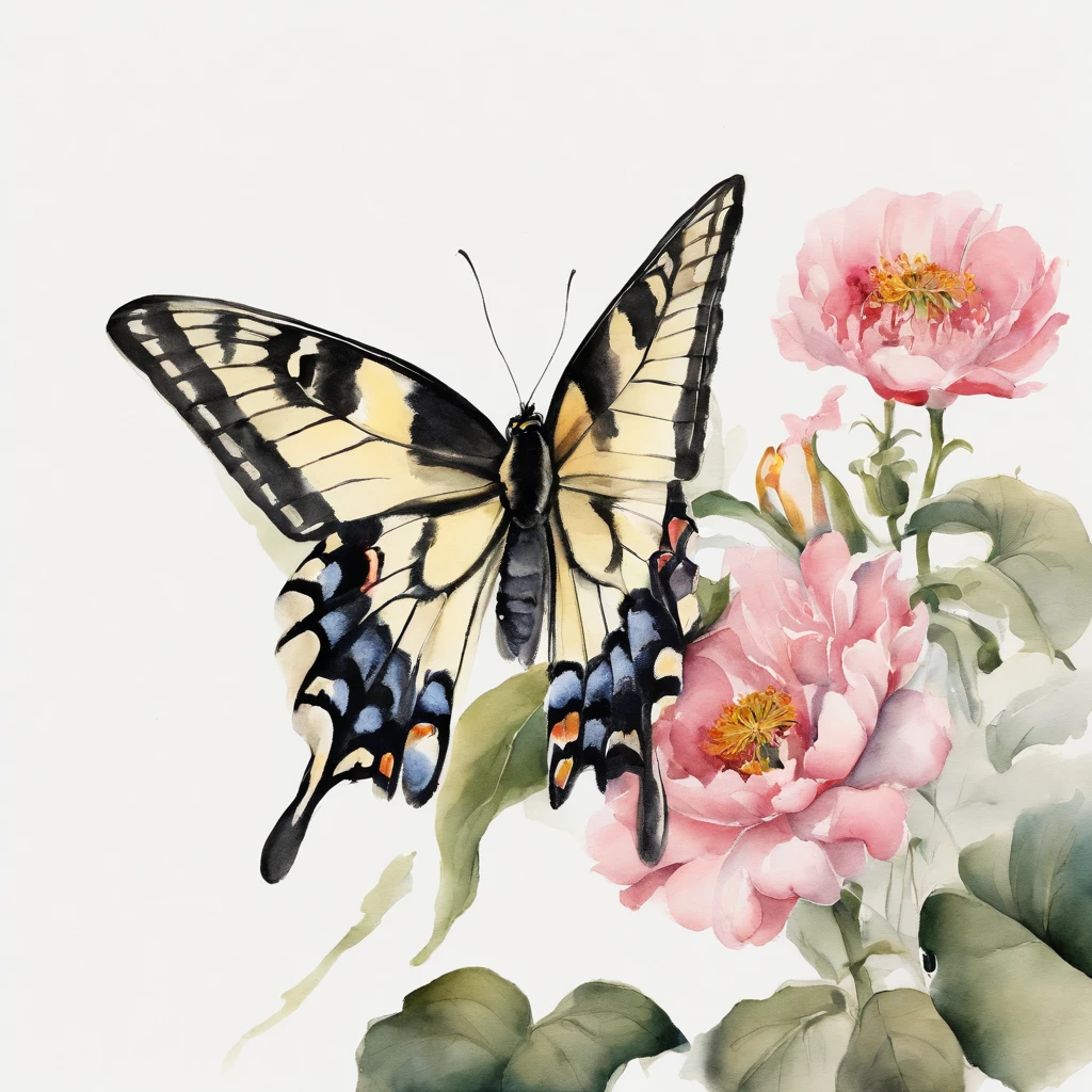 Black Swallowtail Butterfly,ukiyoe painting,Huge flowers,夏天, (((white background))),Cheng Jiasui's minimalist paintings, Tumblr, Minimalism, Chinese watercolor style, Chinese style painting, Chinese painting style