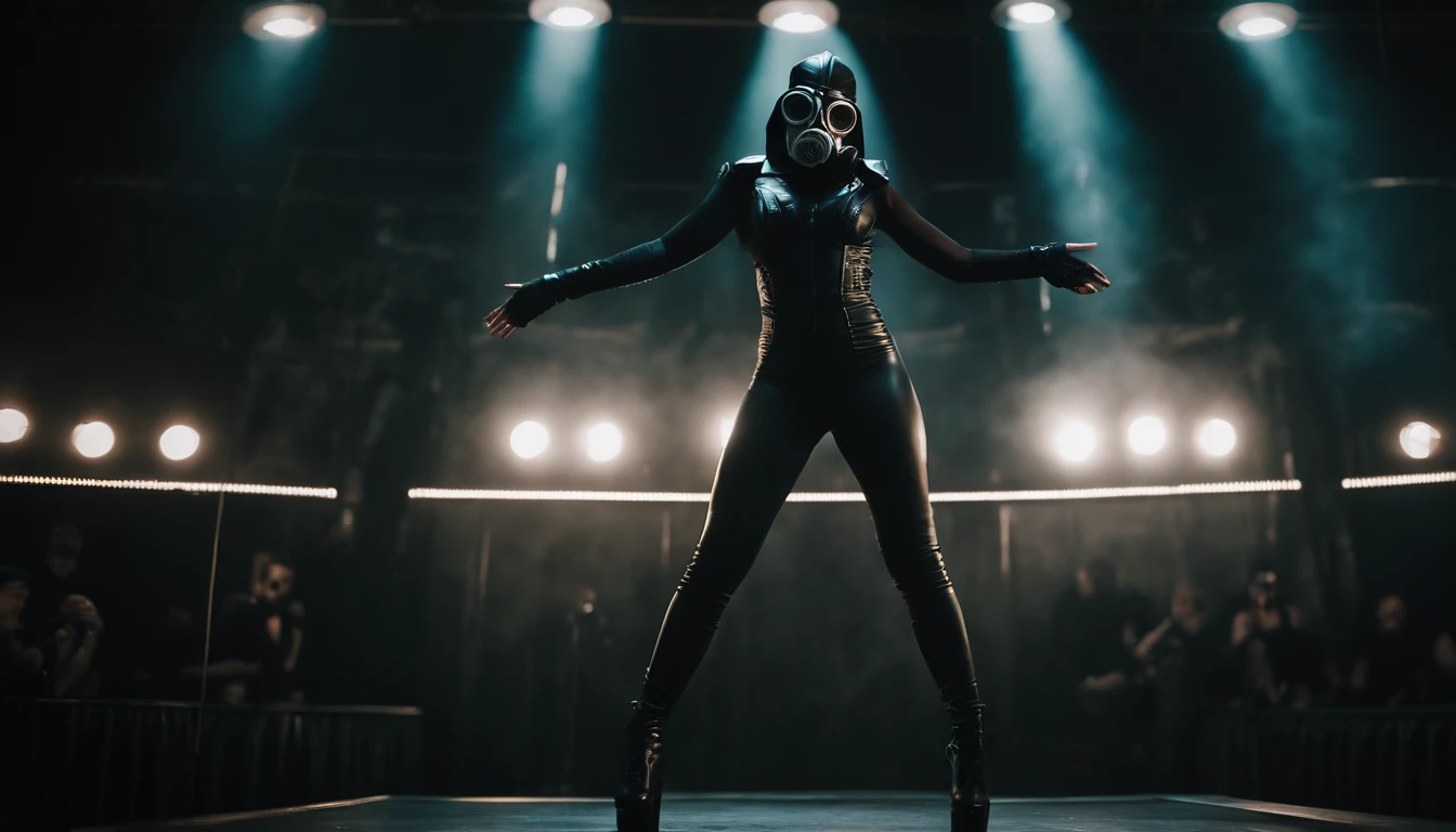 stripper dancing on a podium wearing a gas mask, latex leotard, dark clubbing, nightclub, goth club, gothic cyberpunk, cyberpunk aesthetic, industrial aesthetic, goth aesthetic, ultra detailed.