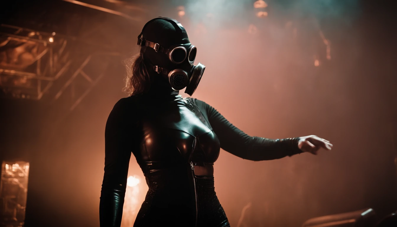 stripper dancing on a podium wearing a gas mask, latex leotard, dark clubbing, nightclub, goth club, gothic cyberpunk, cyberpunk aesthetic, industrial aesthetic, goth aesthetic, ultra detailed.