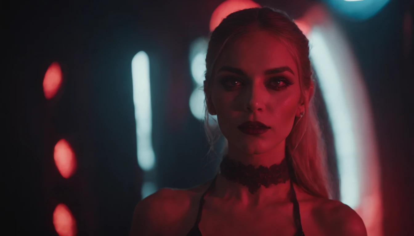close up of a beautiful vampire woman in a night club, red neon lights, dark clubbing, blood on her face, horror cyberpunk aesthetic.