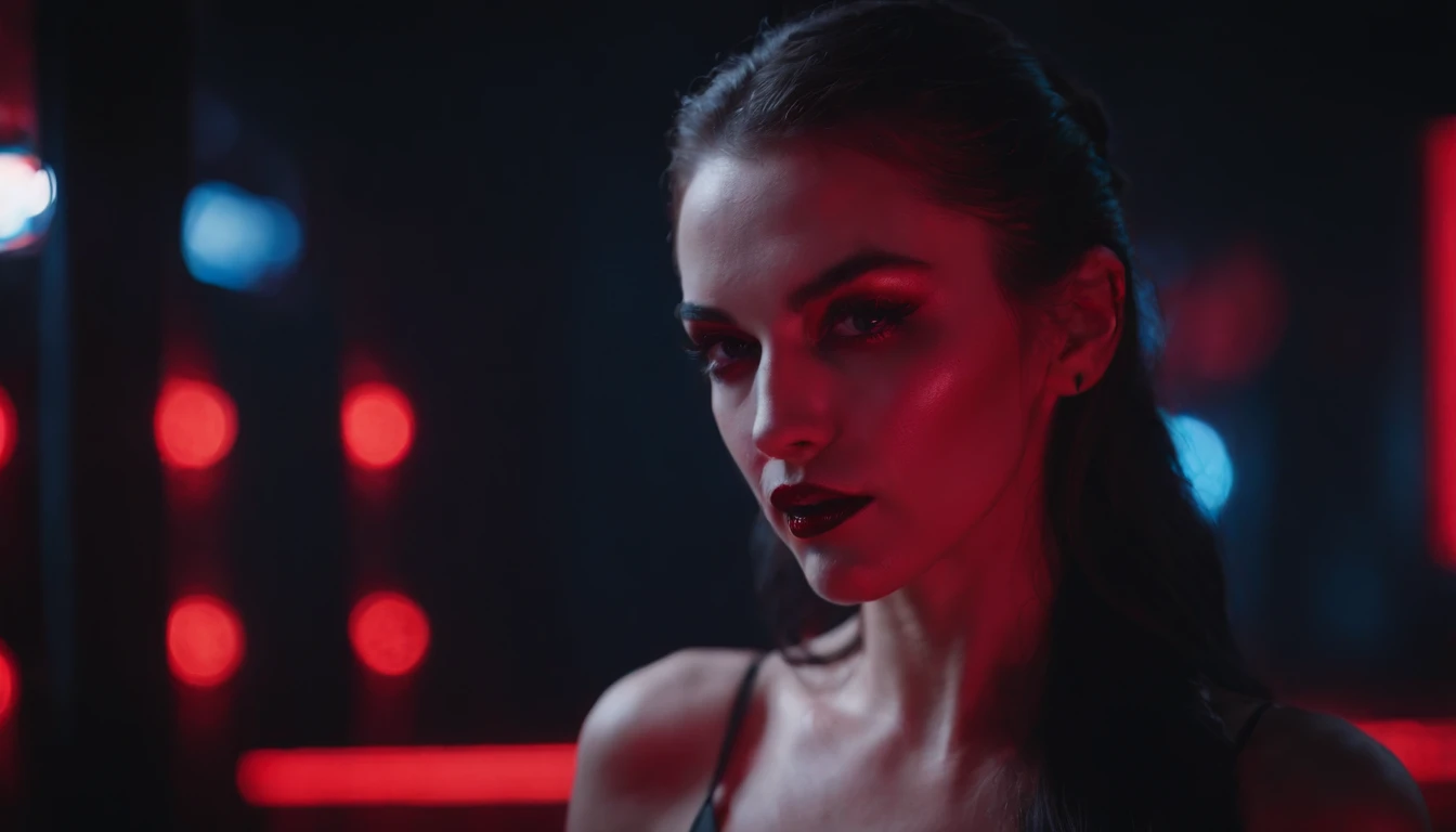 close up of a beautiful vampire woman in a night club, red neon lights, dark clubbing, blood on her face, horror cyberpunk aesthetic.