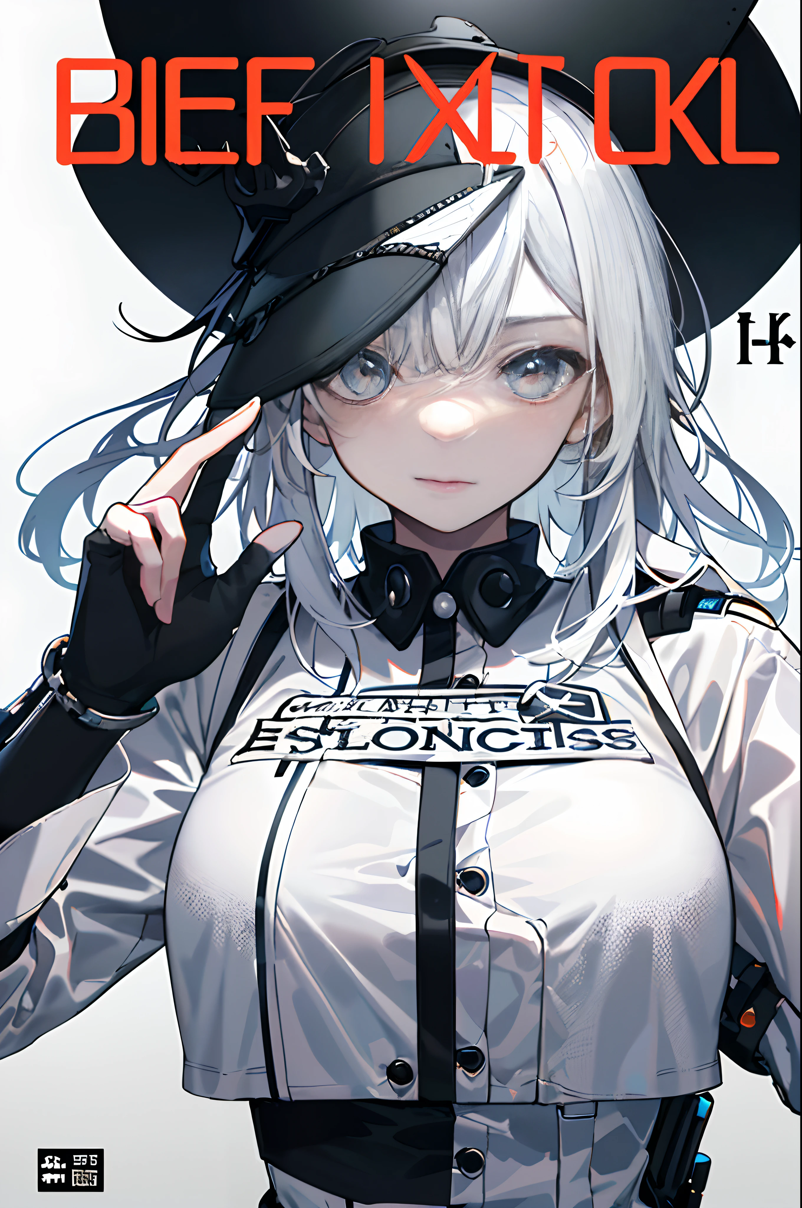 (mechanical),(white hair girl),(cool temperament),[black and white:1.3],(smoking),(text collage like a poster).