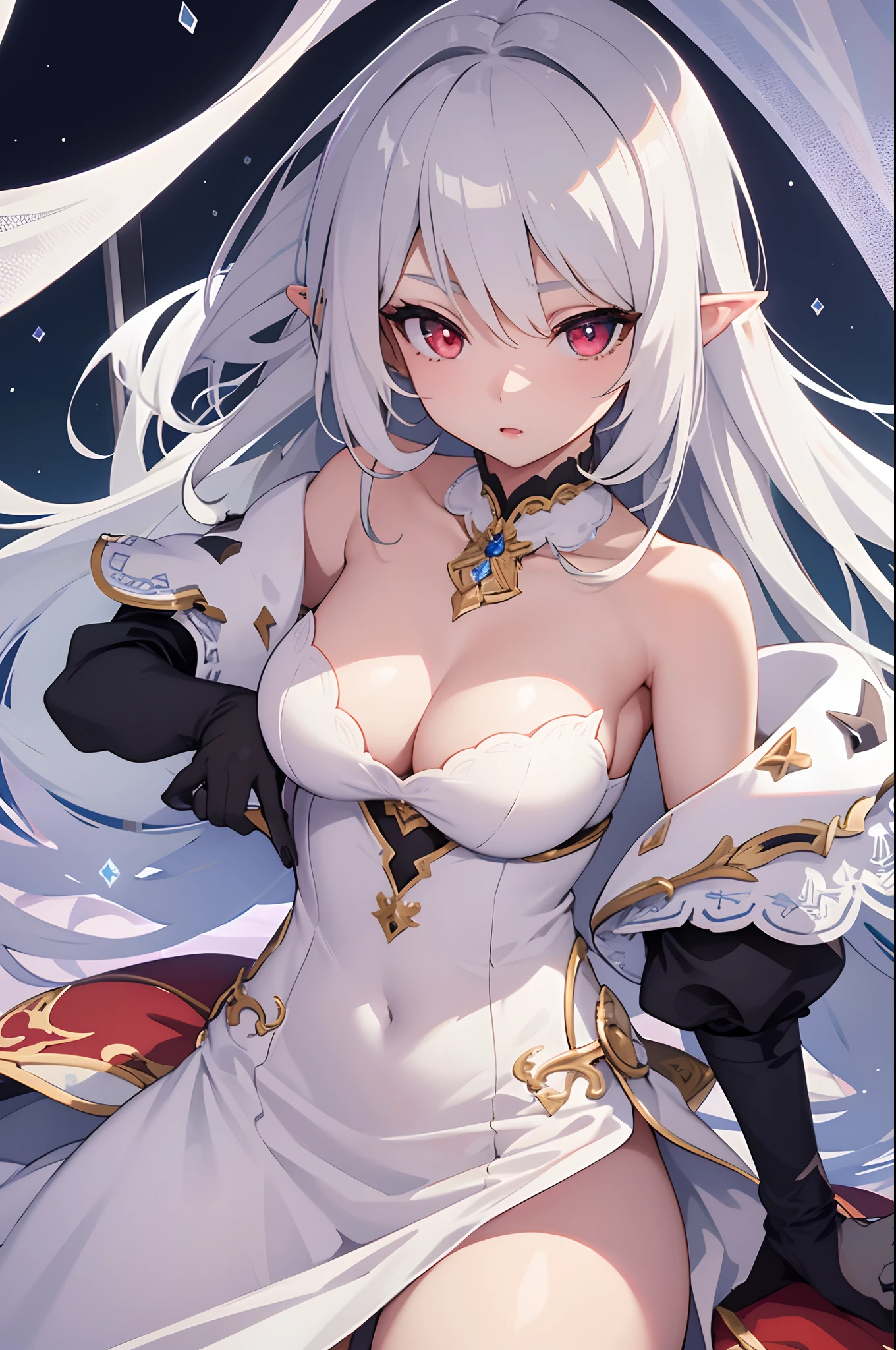 1girl, anime, cute girl, elf, blank background, white background, fantasy, detailed dark fantasy dress with highlights, beautiful face, beautiful eyes, dark colors, medium breasts, slight cleavage, beautiful skin, cute, silver hair, red eyes, breast curtains, extremely delicate and beautiful, (beautiful detailed face:1.0), (detailed deep eyes), symmetrical breasts, deep eyes, shiny skin, portrait, slender waist, hips wider than shoulders, thighs, young girl