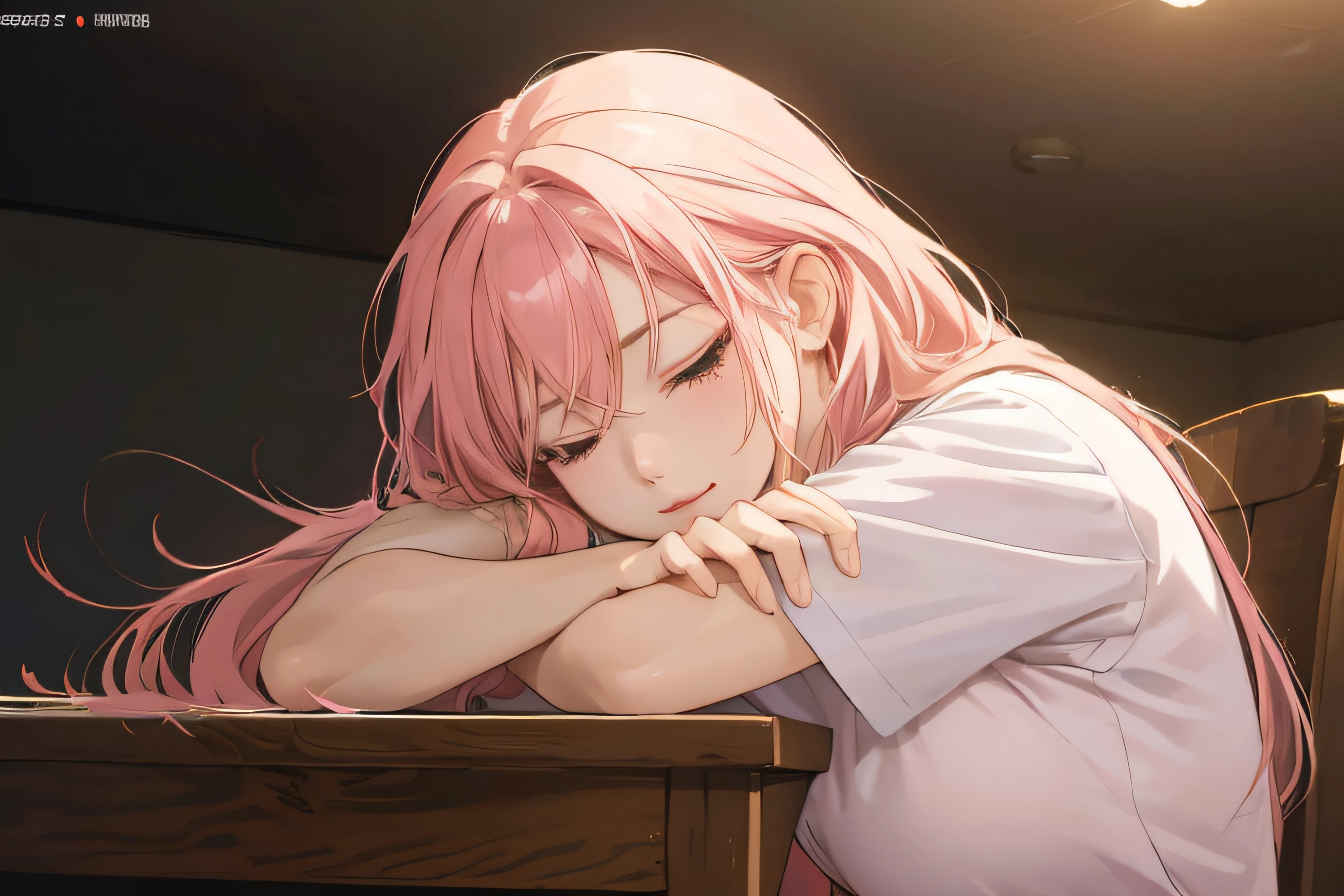 Anime girl with pink hair sitting at table,Doze off with your head resting on your hands, anime big breast. Soft lighting, Anime girl with long hair, Smooth anime CG art, a beautiful anime portrait, realistic anime artstyle, (Anime girl), anime visual of a cute girl, drawn in anime painter studio, Anime art wallpaper 8 K, Realistic young anime girl, up of young anime girl