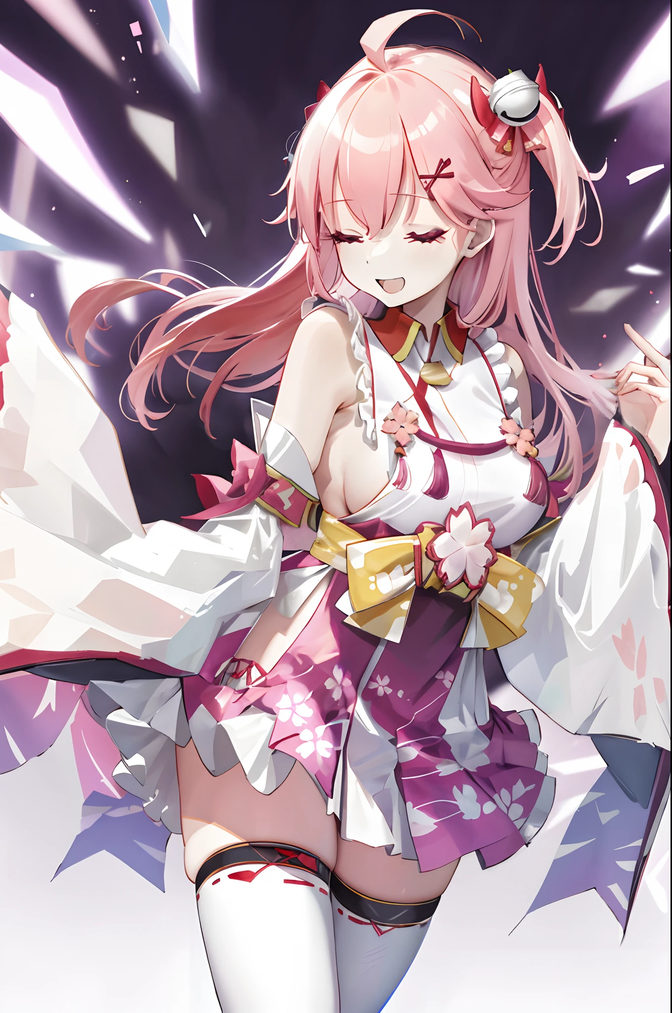 masterpiece, best quality, highres, miko1, sakura_miko, 1girl, big_boobs, solo, ahoge, x_hair_ornament, pink_hair, floral print, hairclip,(side_less_clothes:1.5), (side_boobs:1.5), hair_bell, floral print, long_hair, hair between eyes, one side up, white thighhighs, asymmetrical legwear, wide sleeves, open_mouth,(happy:1.3),close_eyes,big_smile,rising_leg,plump,apart_legs,(overly_long_sleeves:1.3),(beautiful_fingers),sleeves_past_wrists,hands_hidden_sleeves,sidelock_clothes,dynamic_posing,solo,hidden_wrists,(XD:1.4),