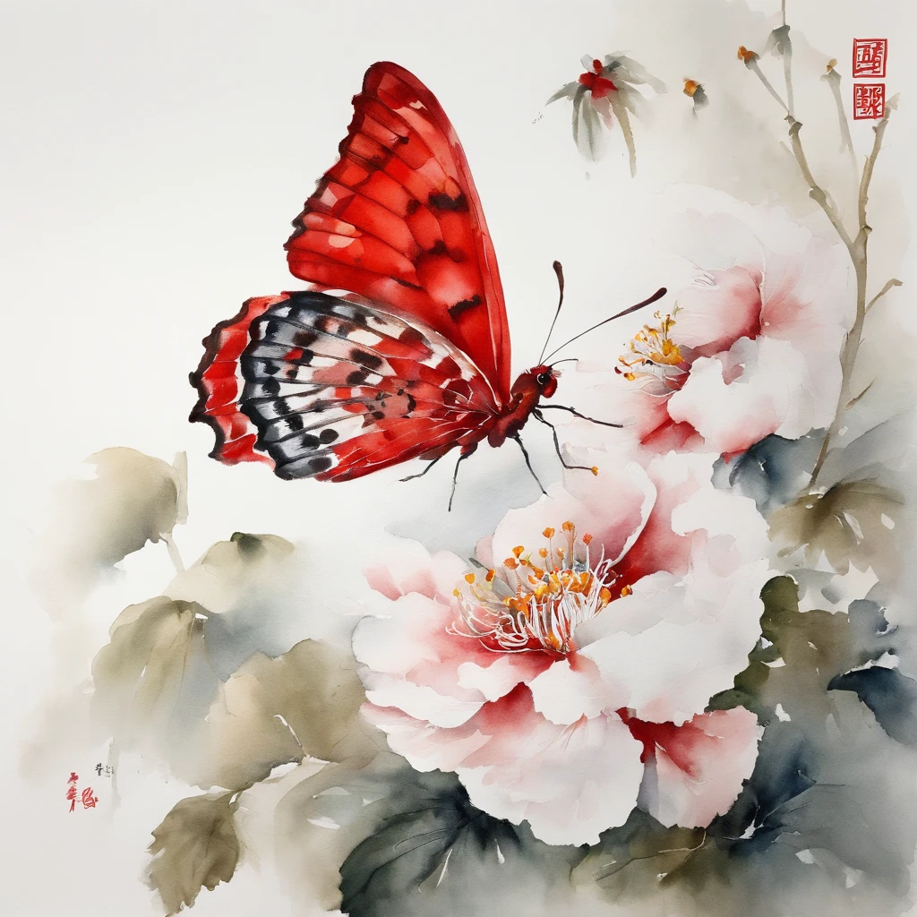red Butterfly,ukiyoe painting,Huge flowers,夏天, (((white background))),Cheng Jiasui's minimalist paintings, Tumblr, Minimalism, Chinese watercolor style, Chinese style painting, Chinese painting style