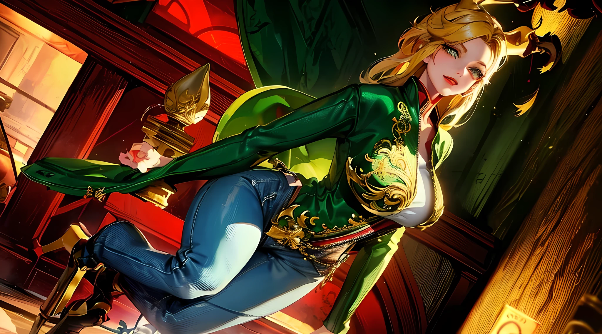 1girl, HDR, perfect hands, pretty woman, dragon horns, miko style blonde hair with fringe, playful smile, green eyes, medium breasts, jeans, jeans jacket, big iris, red lipstick, accurate hands, perfect legs, perfect arms