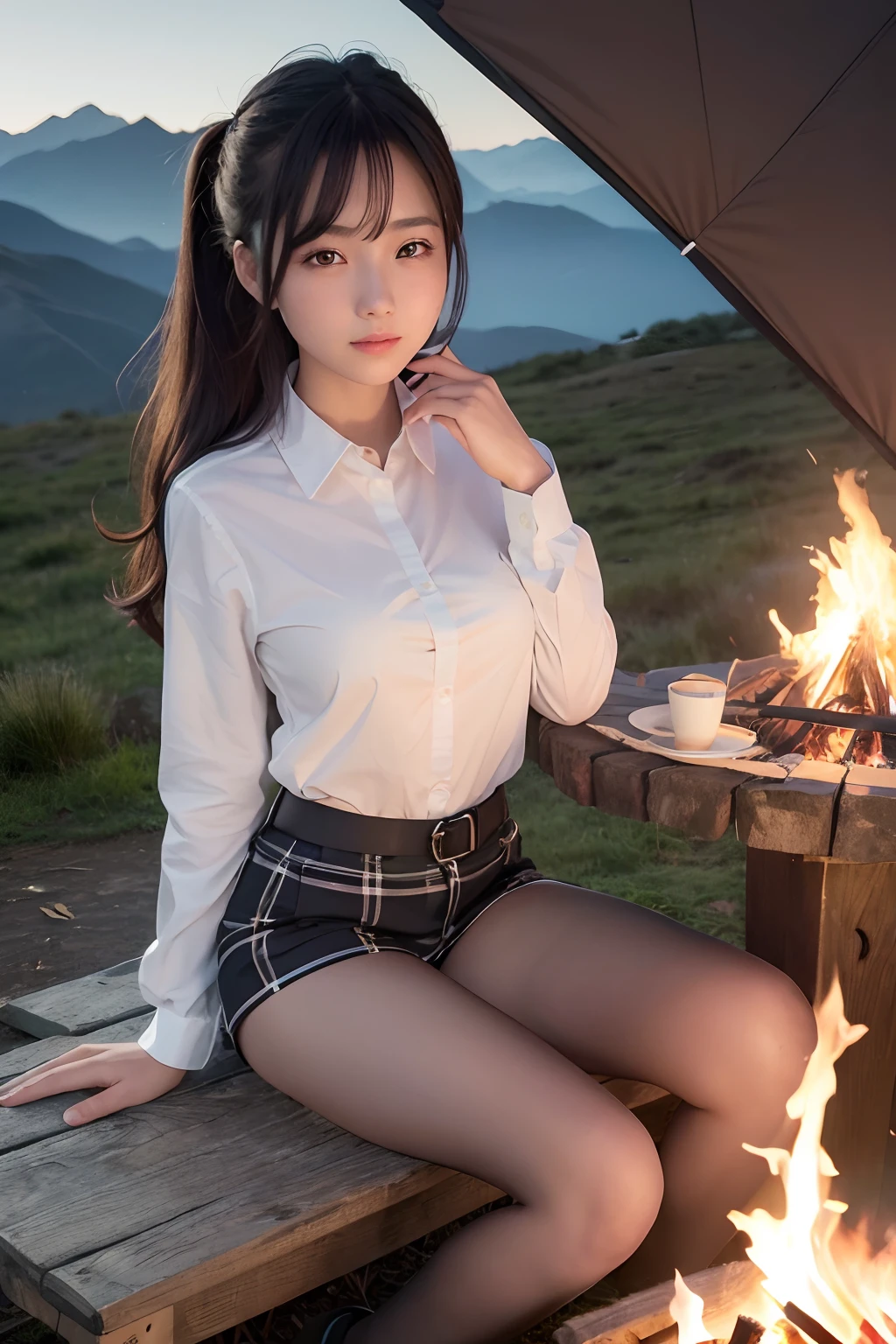 high quality, best quality, masterpiece, extremely fine and beautiful and detailed, professional photograph, appropriate lighting,
extremely beautiful 1 girl, beautiful face,
checkered shirt, shorts, trekking tights, (a bonfire stand,:1.2)
smile, slender, blushed cheeks, sitting on chair,
(short ponytail,:0.8)
midnight, autumn, mountain, (from above,:0.8) tent,
