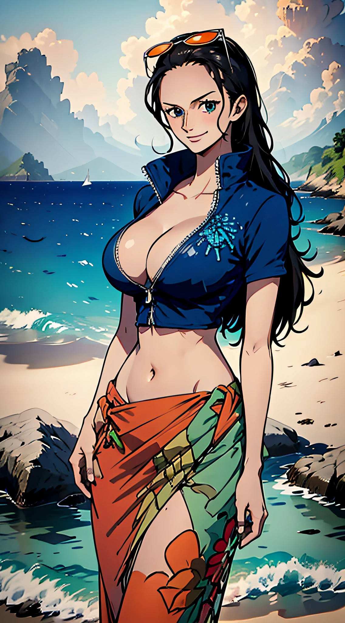 (((masterpiece))), NicoRobin, 1girl, solo, full body, long hair, looking at viewer, smile, blue eyes, large breasts, black hair, navel, holding, cleavage, closed mouth, standing, collarbone, jacket, short sleeves, cowboy shot, outdoors, sky, day, midriff, cloud, water, stomach, blue sky, crop top, groin, hand on hip, ocean, sunglasses, eyewear on head, zipper, cropped jacket, high collar, unzipped, sarong, hair slicked back, partially unzipped, print sarong,