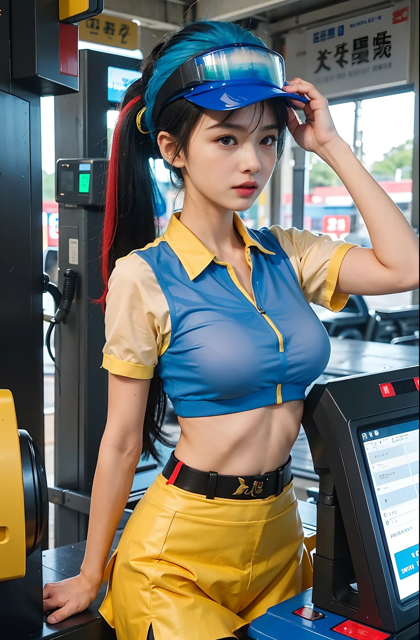 there is a woman in a blue and yellow outfit standing next to a machine, chun li at the gym, gas station, (sfw) safe for work, trending on cgstation, deviantart artstation cgscosiety, realistic anime 3 d style, smooth anime cg art, detailed digital anime art, hyperrealistic schoolgirl, trending at cgstation, kda