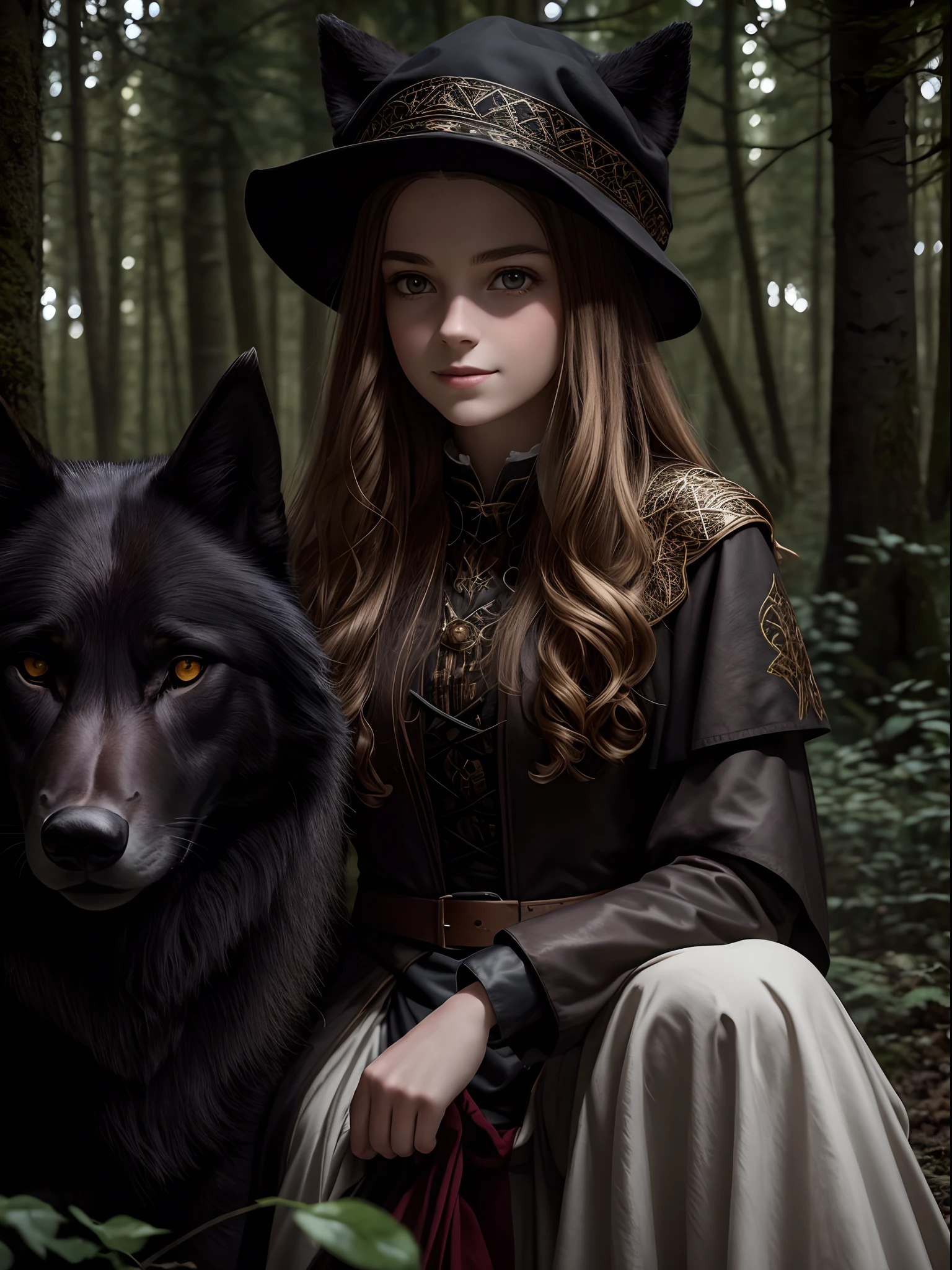 Cute European girl, in the dark forest, big black wolf behind her, seductive look, honey hair, pale skin, detailed medieval clothing, red hat, hyper realistic, lifelike texture, dramatic lighting, backlighting, Nikon RAW photo, 8k, Fujifilm XT3, masterpiece, best quality, realistic, (photorealistic:1.4), ultra detailed, full body visible, little smile