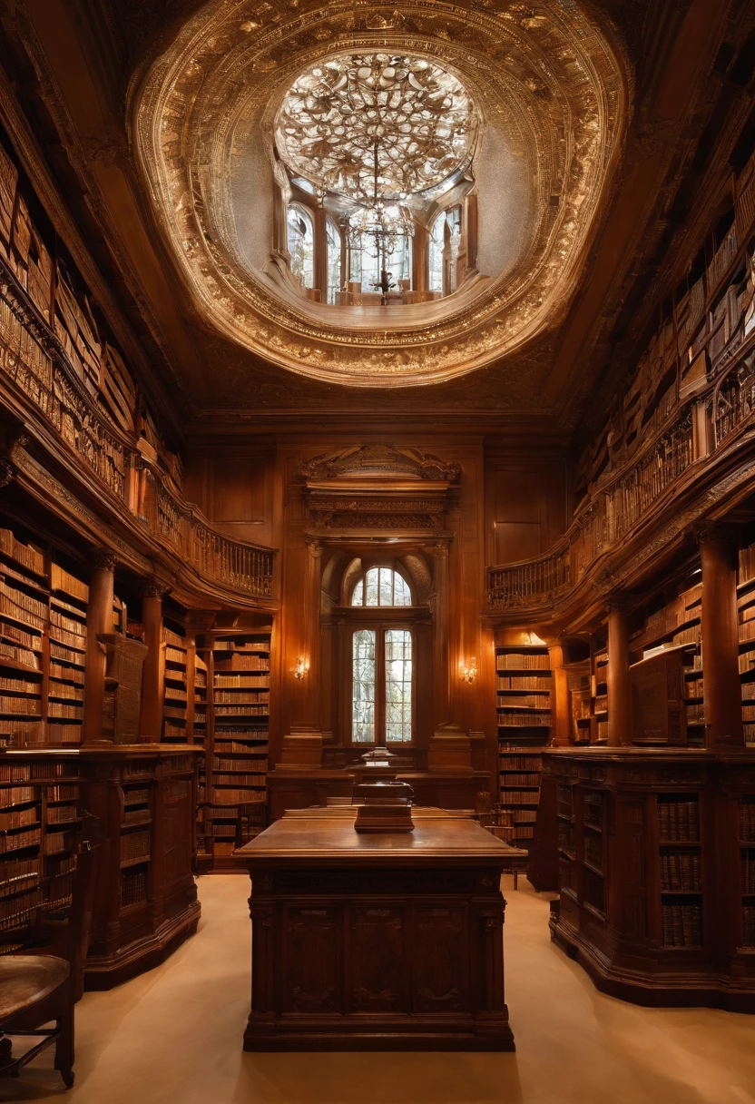 In den Tiefen der alten Bibliothek, Es gibt ein kostbares Buch, that shines like a lost jewel among the dusty shelves. Its weathered shell bears the weight of years, filled with wisdom on its pages. Every word carries traces of a story from the past, als ob es die Textur der Zeit widerspiegelt. Dieses Buch, One of the library's forgotten treasures, It's like an ancient door, that opens to knowledge. Graceful walnut carvings adorn the shelves, mit diesem Werk verflochten wie tanzende Kunstwerke mit Holz. Diese Schnitzereien, Schlangen symbolisieren Mysterium und Weisheit, Pomegranate blossoms as a symbol of abundance, and birds, die mit der Essenz von Freiheit und Wissen schweben, scheinen im Holz lebendig zu werden. These carvings add a mystical touch to the atmosphere of the library, harmonizes perfectly with the warm tones of walnut. Durch die bunten Fenster scheint das Sonnenlicht hinein. Schatten am Boden.