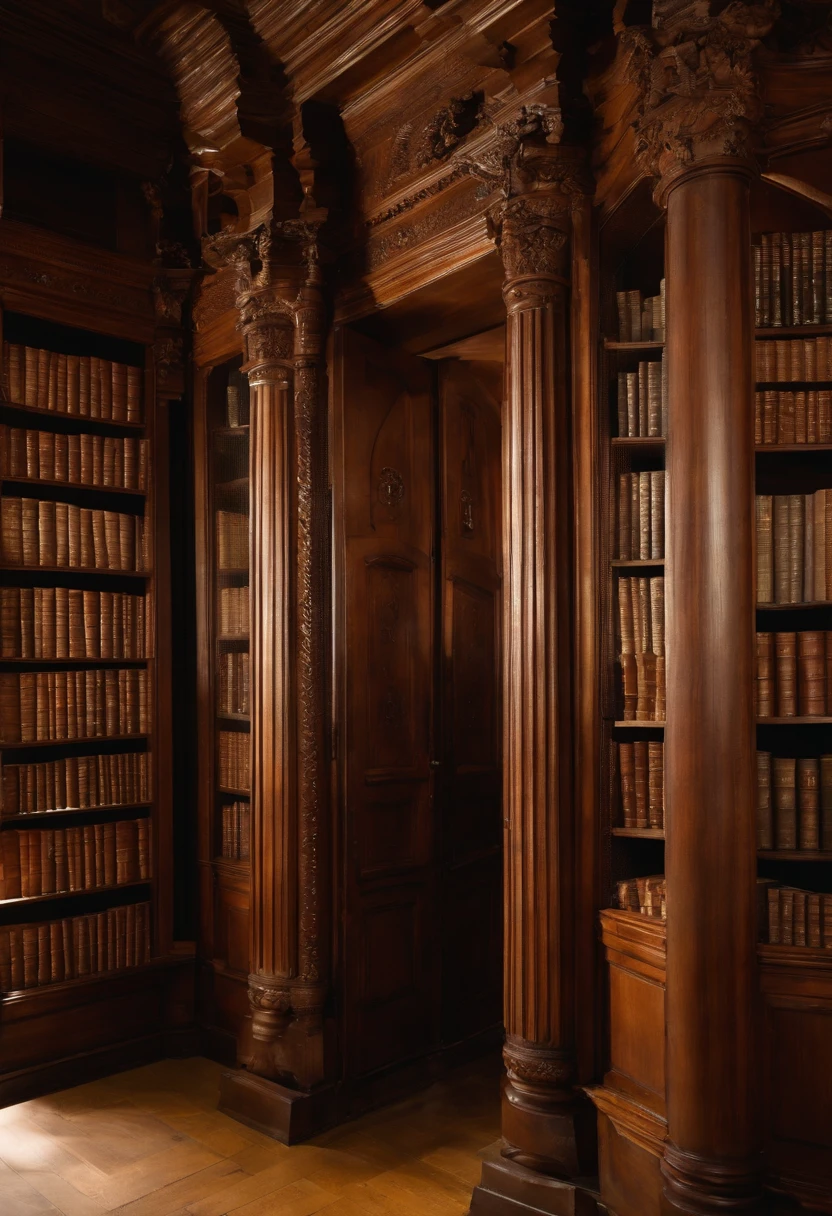 In den Tiefen der alten Bibliothek, Es gibt ein kostbares Buch, that shines like a lost jewel among the dusty shelves. Its weathered shell bears the weight of years, filled with wisdom on its pages. Every word carries traces of a story from the past, als ob es die Textur der Zeit widerspiegelt. Dieses Buch, One of the library's forgotten treasures, It's like an ancient door, that opens to knowledge. Graceful walnut carvings adorn the shelves, mit diesem Werk verflochten wie tanzende Kunstwerke mit Holz. Diese Schnitzereien, Schlangen symbolisieren Mysterium und Weisheit, Pomegranate blossoms as a symbol of abundance, and birds, die mit der Essenz von Freiheit und Wissen schweben, scheinen im Holz lebendig zu werden. These carvings add a mystical touch to the atmosphere of the library, harmonizes perfectly with the warm tones of walnut. Durch die bunten Fenster scheint das Sonnenlicht hinein. Schatten am Boden.