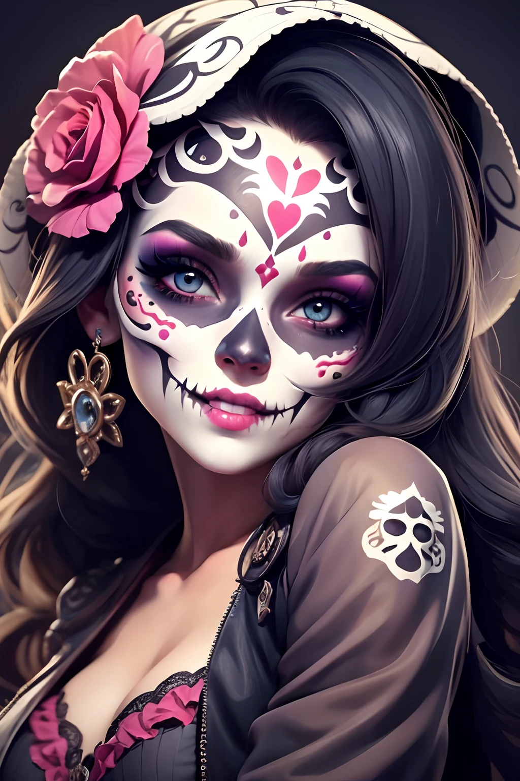 masterpiece, best quality, a girl smiling with sugar skull death makeup