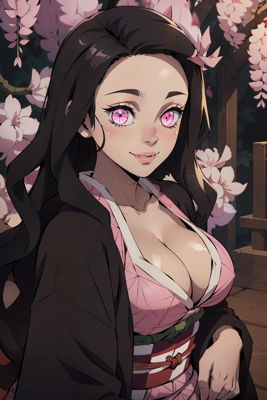 Masterpiece, (Pink kimono), Seductive face, Large breasts with cleavage，ssmile，sportrait，Good lighting, Masterpiece, Glowing eyes, 1girll, Black hair, on the face, Nezuko Kamado, Wisteria background, Best quality,