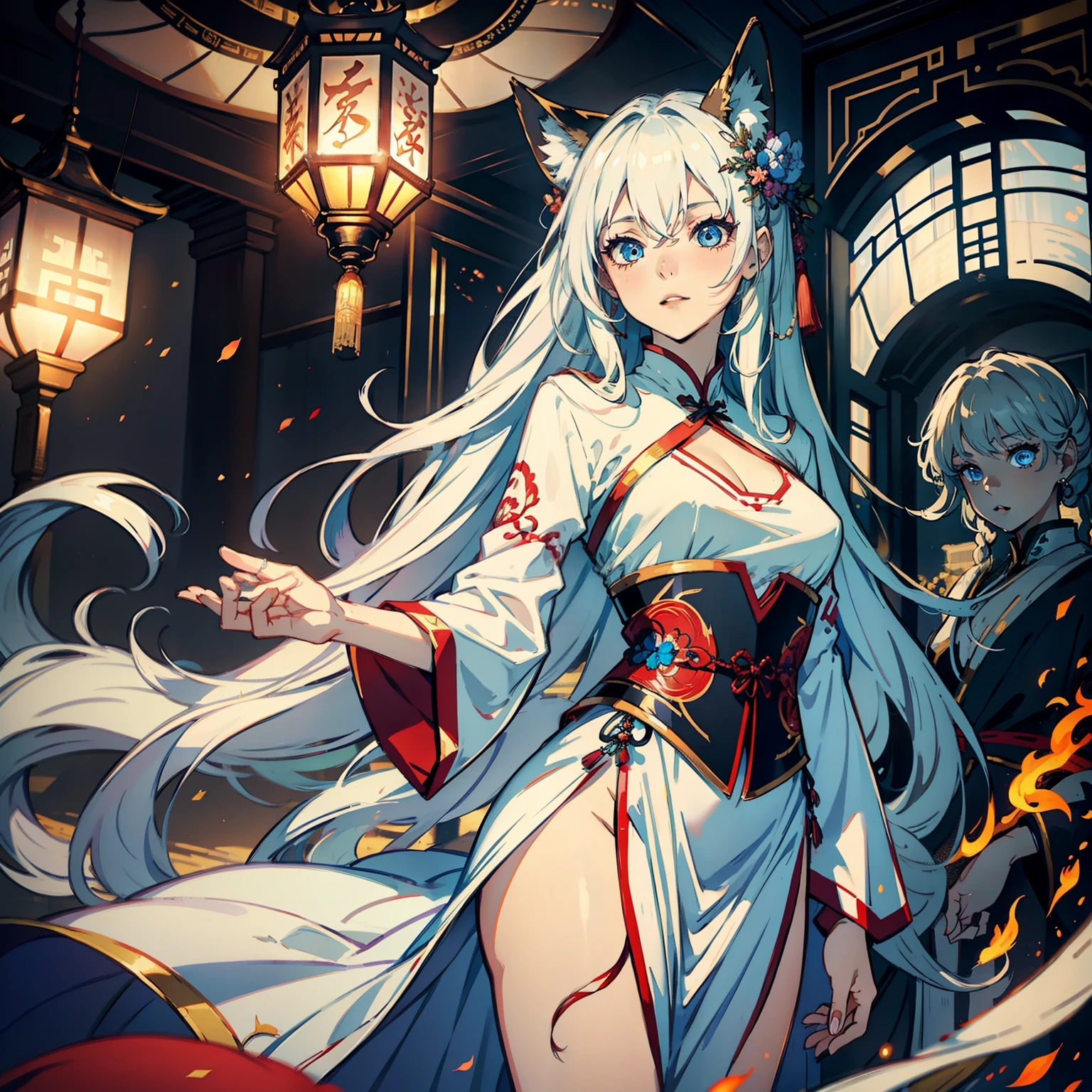 (Masterpiece, best quality: 1.2), very delicate and beautiful, best lighting, best shadow, (long white hair 1.5), ((a 20 year old woman 1.8)), ancient Chinese dress, Hanfu, with nine tails, ((long white dress 1.5)), standing, blue eyes, night, wild country 1.5, scary expression, (extremely accurate), (mysterious), half,