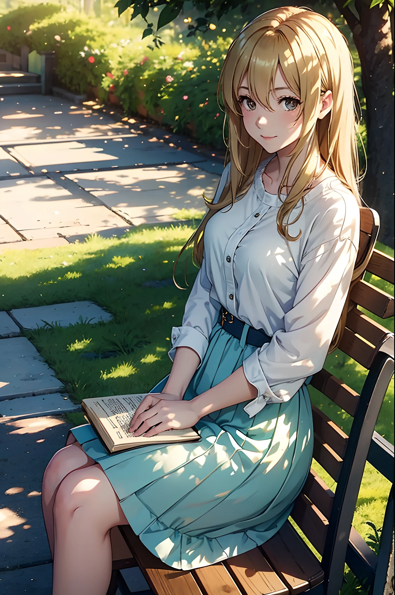 Anime girl sitting on a bench with a book in