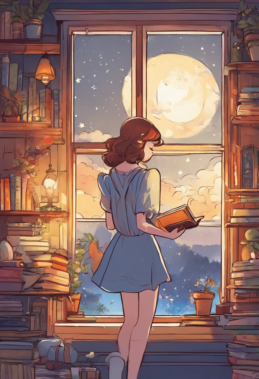 Cute princess、night sky full of stars、Reading a book on the windowsill