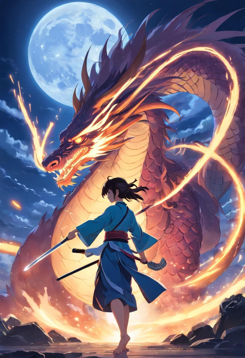Full moon, samurai, fighting a dragon god