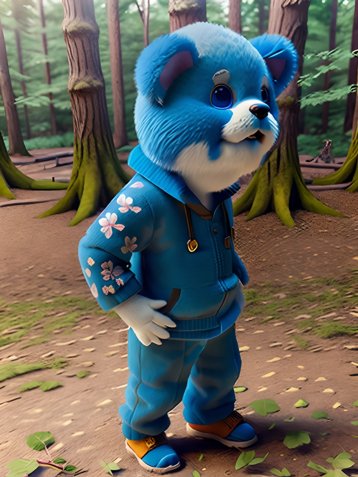 A blue teddy bear in a blue suit stands in the woods, 3D model of a Japanese mascot, Maya 8 K, anime lush john 8k woods, 3 d character, 3d character, Diego 5, 3D model Pixar rendering, an animated character, 3 d character render, Fanart, movie character, rendered in maya, pouty look :: rendering by octane