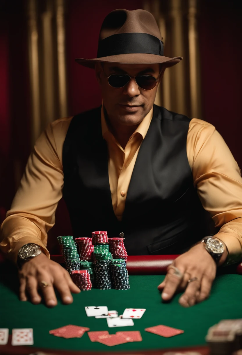 mafioso com varias putas ao redor dele jogando poker em um cassino