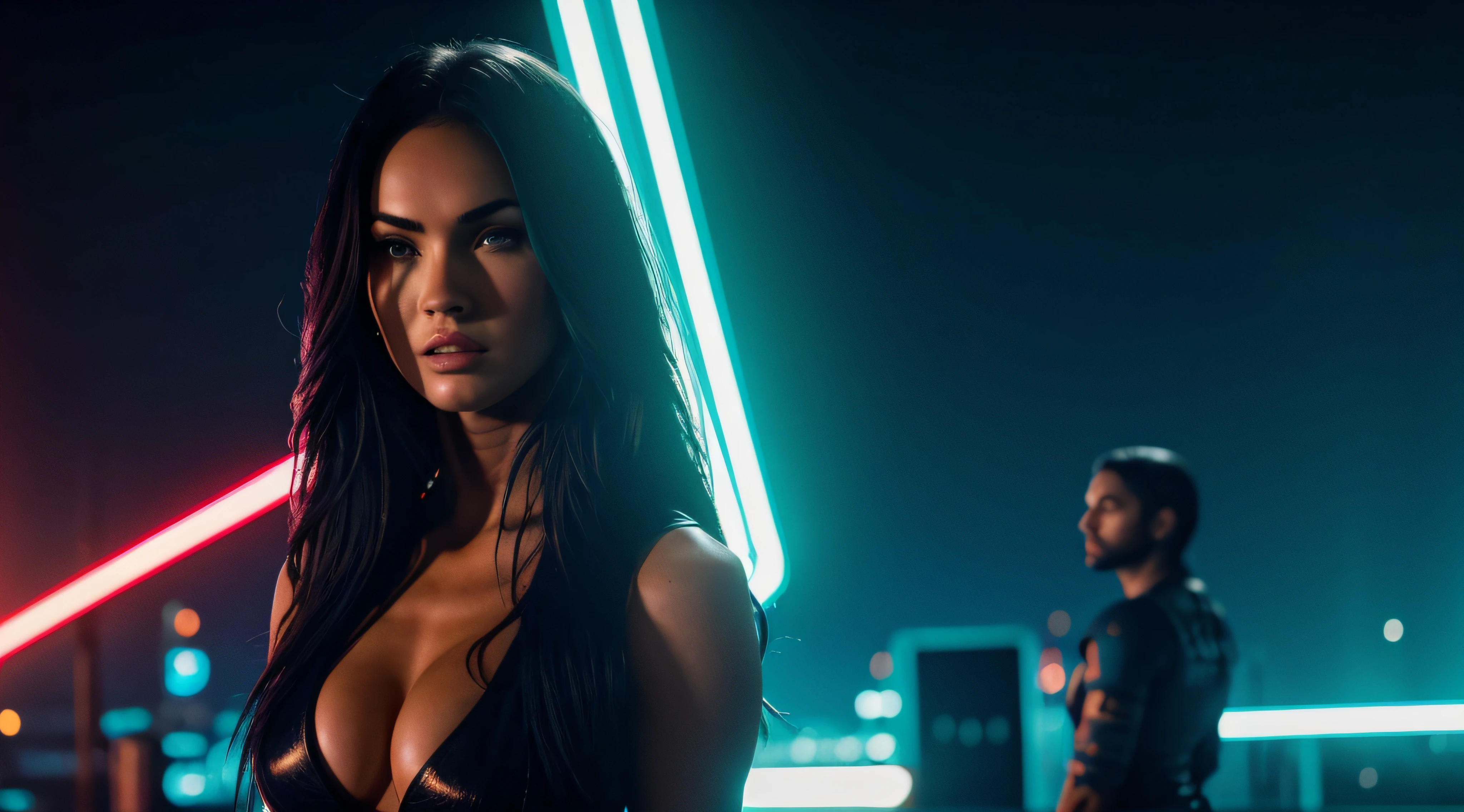 (obra prima) (ultradetalhada) (ultrarrealista | | | | | | | | | | |) Megan Fox, Neon light, noite, Foto premiada, BLN-L24, exposure,Alto contraste,low saturation,high saturation 8k 3D, f 2.8 lentes, Cinematic lighting