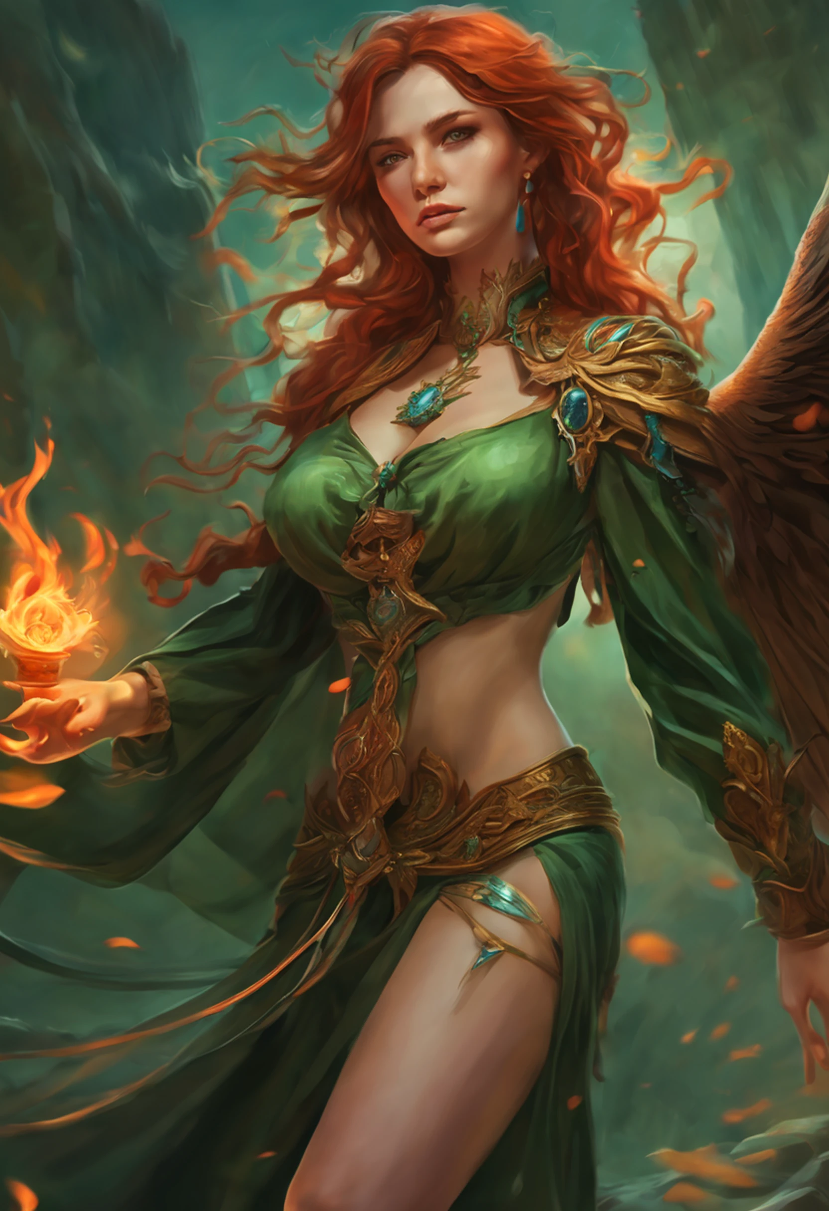 8k, ultra detalhado, master part, melhor qualidade, (extremamente detalhado), Arafed, arte dnd, scenic view, corpo inteiro, Aasimar sorceress casting a flaming spell, Aasimar, female, (Obra-prima 1.3, Detalhes intensos), female, feiticeira, Casting Flaming Spell (Obra-prima 1.3, Detalhes intensos) grandes asas angelicais, Open Blue Angelic Wings (Obra-prima 1.3, Detalhes intensos), magical fantasy background (Obra-prima 1.5, Detalhes intensos), lua, Estrelas, nuvem, vestindo manto verde,, Capa verde escura, flowing robe (Obra-prima 1.3, Detalhes intensos), Botas de salto alto (Obra-prima 1.3, Detalhes intensos), armado com pessoal, red hair, olhos verdes, olhos intensos, Feminino, Face Ultra Detalhada, (Obra-prima 1.5, melhor qualidade), anatomicamente correto (Obra-prima 1.3, Detalhes intensos), face determinada, Luz Divina, Cinematic lighting, luz suave, silhueta, fotorrealismo, scenic view (Obra-prima 1.3, Detalhes intensos) , Wide-Angle, Ultra-Grande Angular, 8k, Altas, melhor qualidade, Detalhes altos