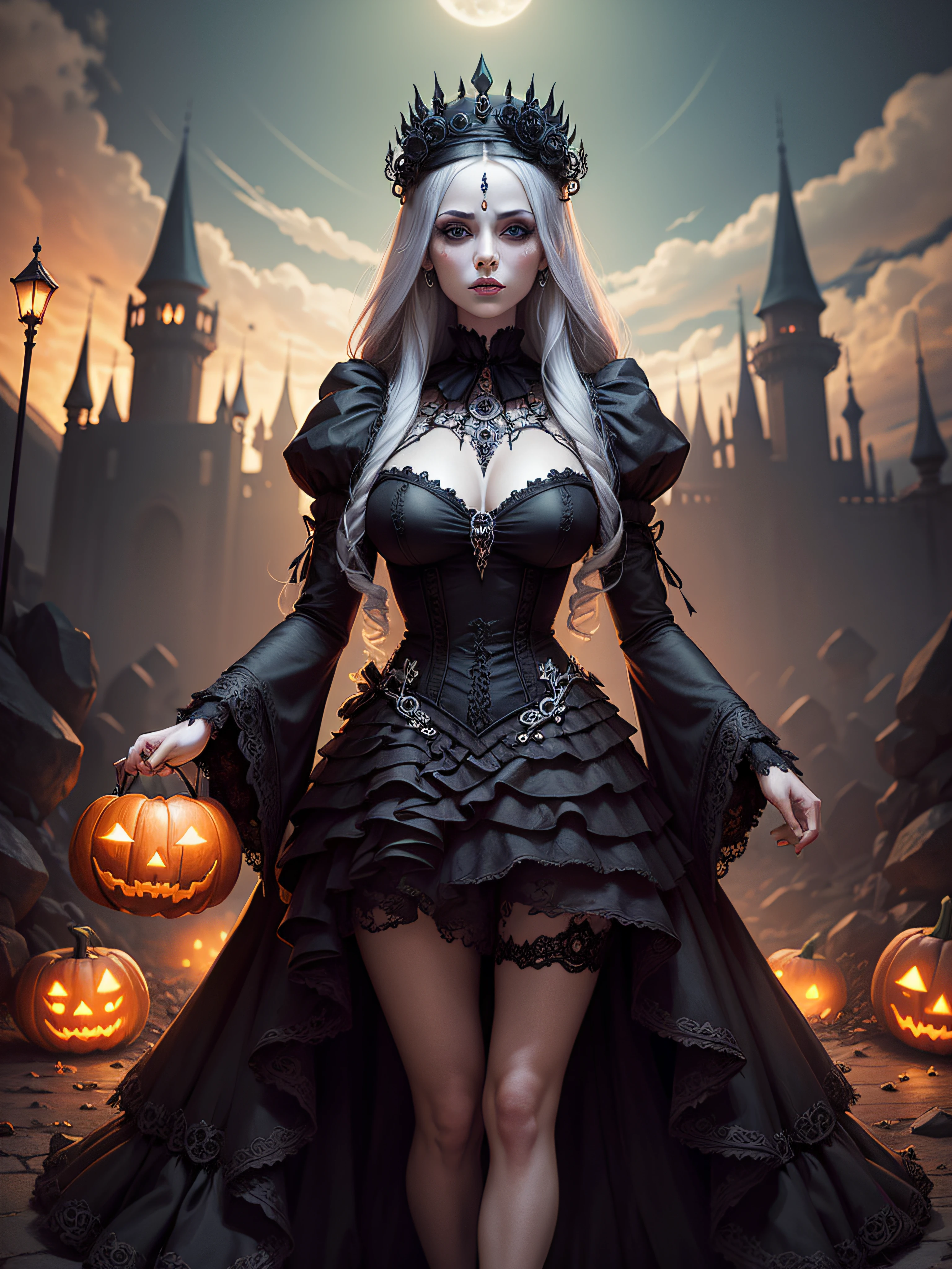 Landscape full body queen of the dead, Halloween palace in the valley, theme Halloween spectacular intricate detailed, surreal
