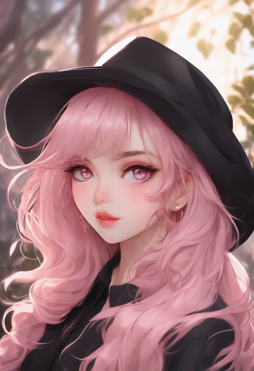 Girl, wavy light pink hair, seductive look, pink eyes, black clothes, egirl, profile photo