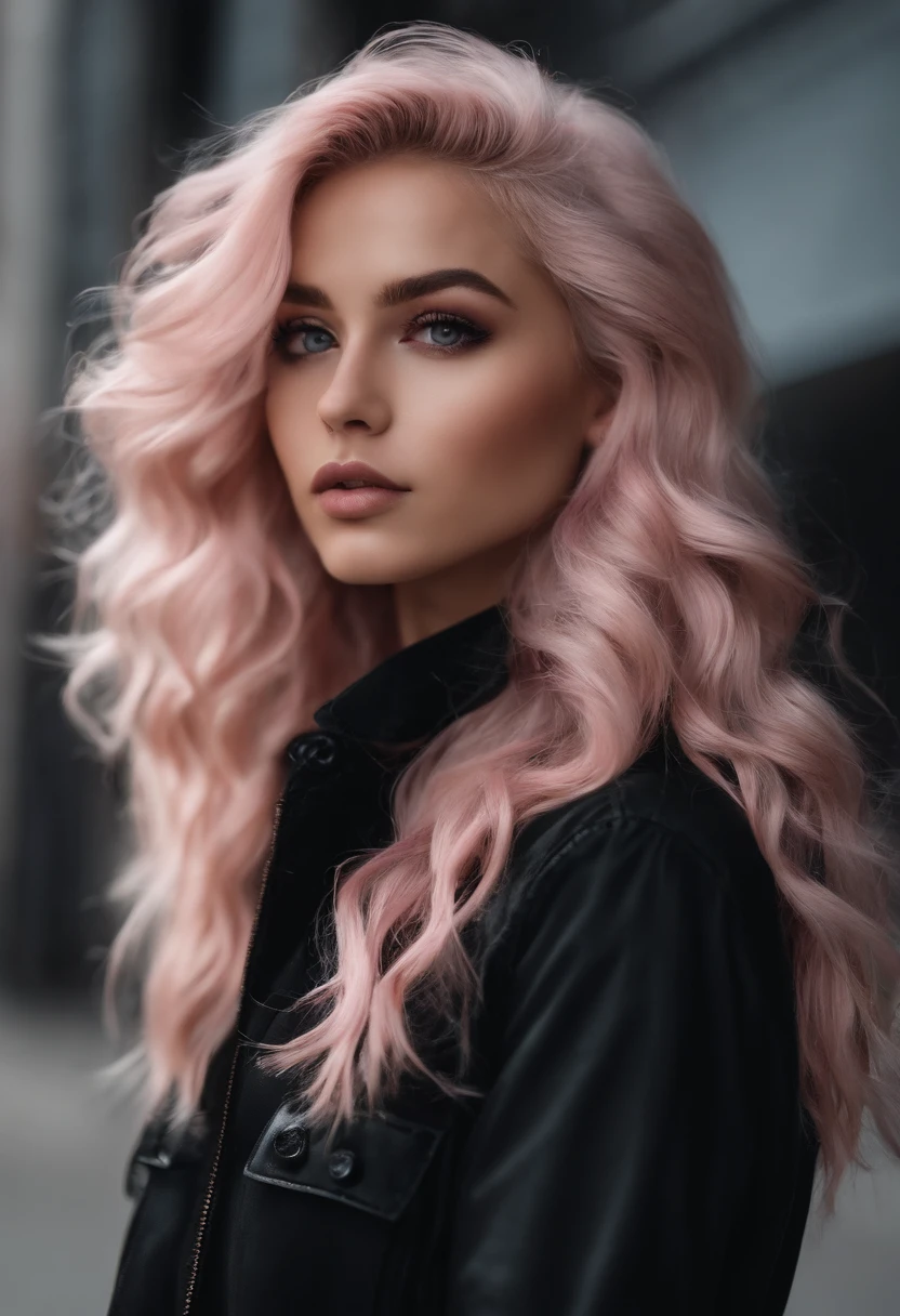Girl, wavy light pink hair, seductive look, pink eyes, black clothes, egirl, profile photo