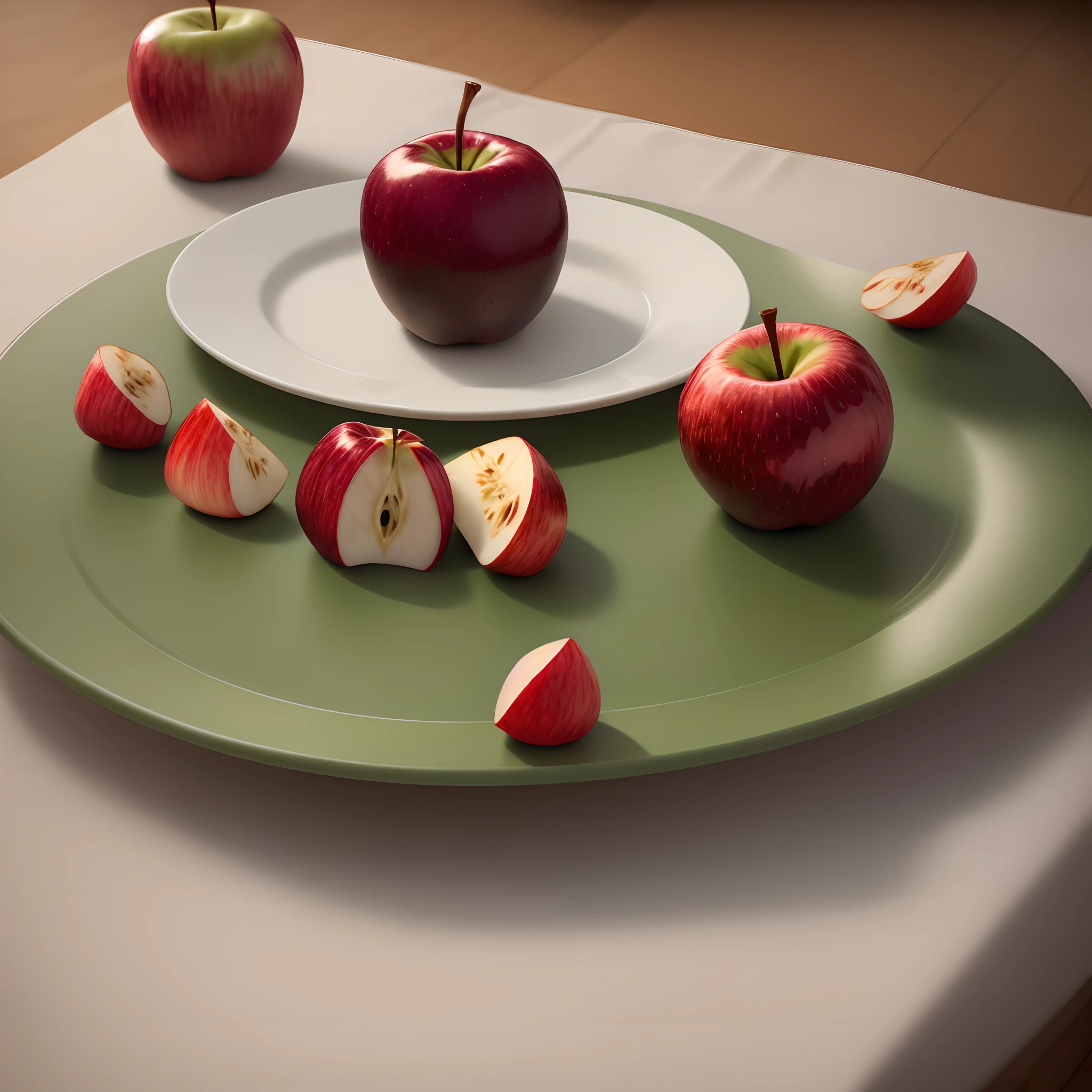 Red apples are placed on white plates,Dark green table