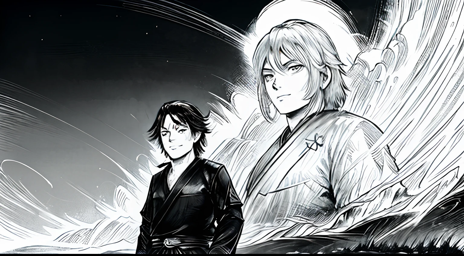 smiling MIYAMOTO MUSASHI mediating, outdoor , heavenly environment, warm smile , outdoor, black and white , manga , high contrast