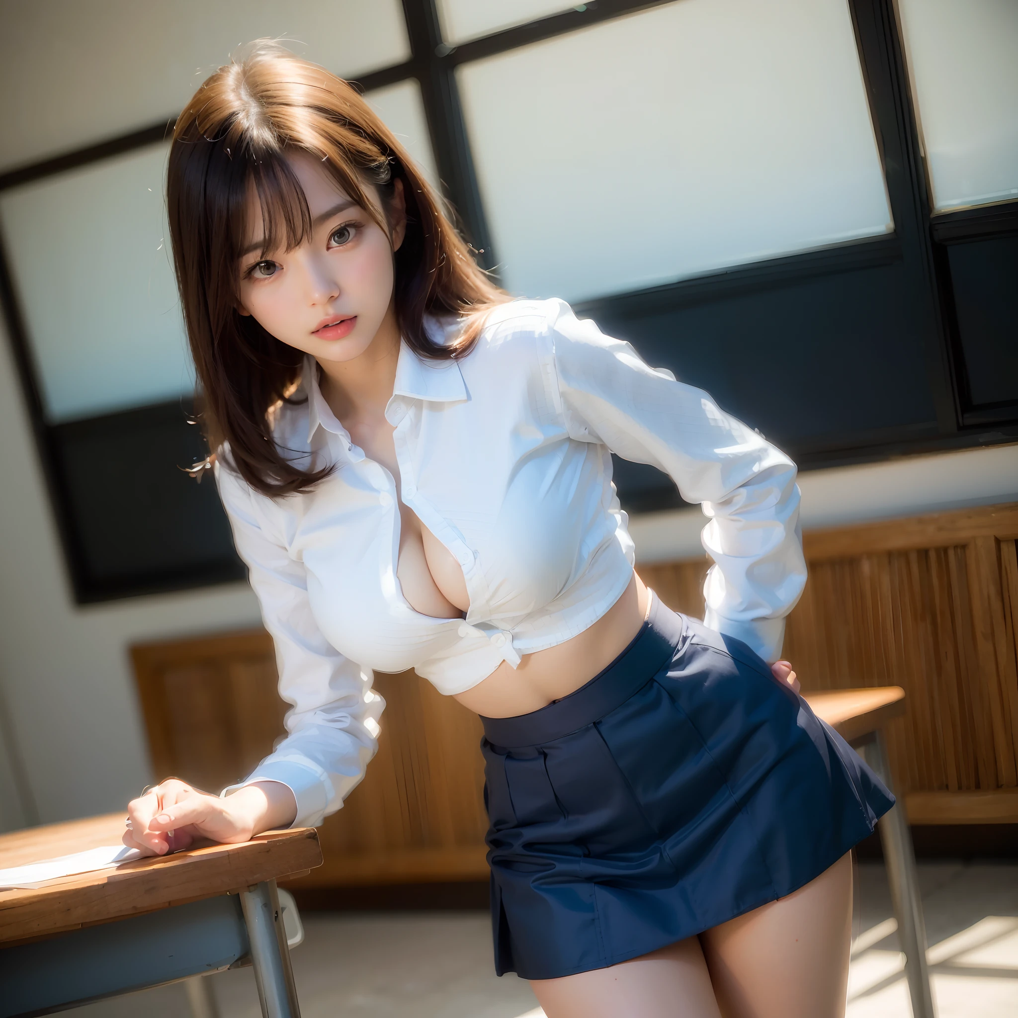 (masterpiece), best quality, expressive eyes, perfect face, beautiful student leaning against desk in class,((medium sized boobs)), ((blue mini skirt)), ((white blouse))((unbuttoned)), attempt to seduce viewer, tempted to touch, seductive look, half body shot, ((hands behind back))