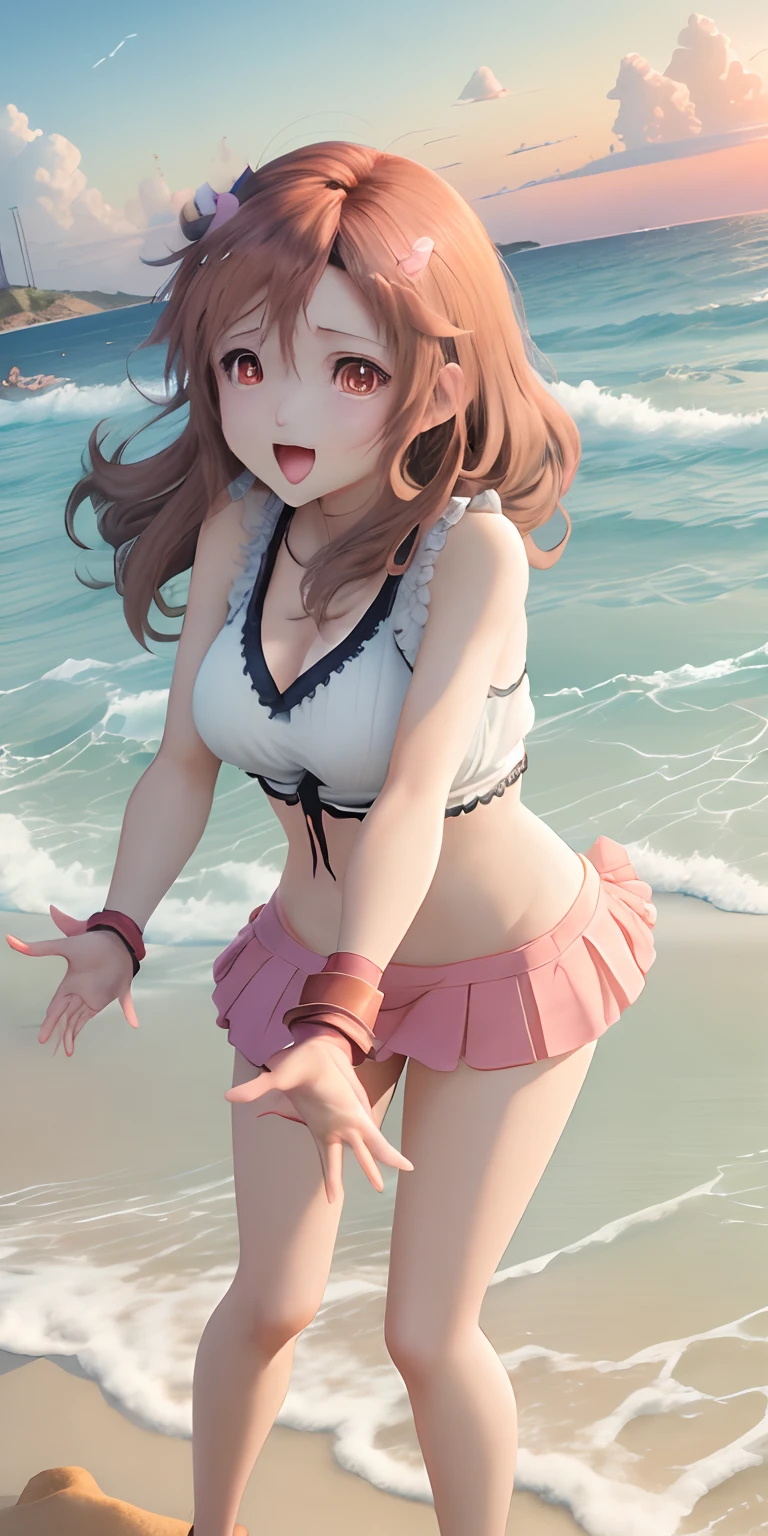 1 cute girl in anime style playing with happy in a sandy beach, beautiful sea on sunset, fluffy clouds