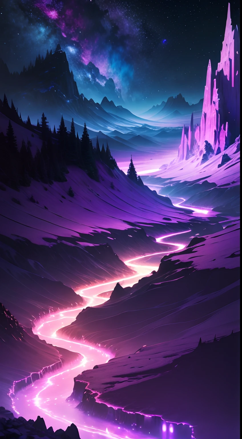 cosmic landscape, glowing river, magical glow, fantasy, crazy, surreal, spectral, radioactive, night, starry sky, milkway, purple, ciano glow, epic, breath taking, mountain, crystals, cool, 4k, traced lights, magical atmosphere, liquid,