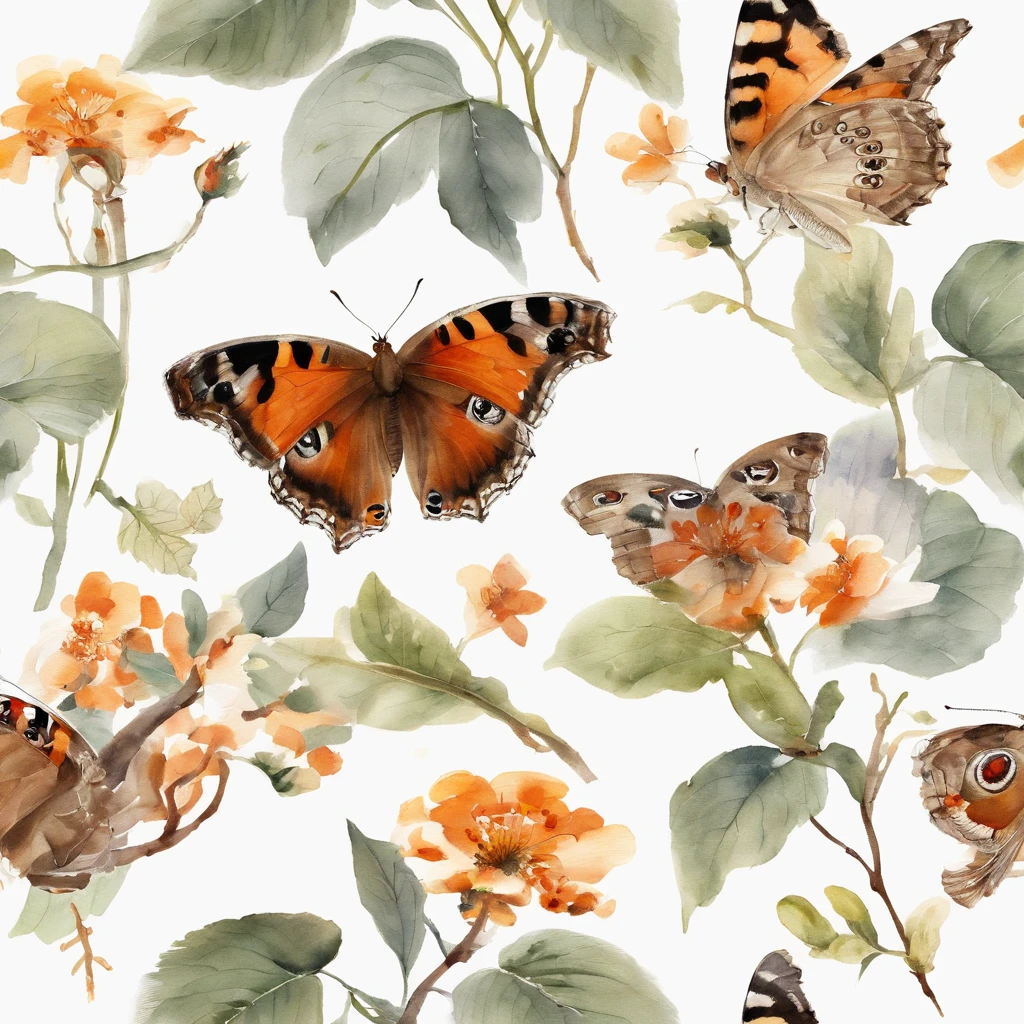Common Buckeye Butterfly，ukiyoe painting，Huge flowers，夏天, (((white background))),Cheng Jiasui's minimalist paintings, Tumblr, Minimalism, Chinese watercolor style, Chinese style painting, Chinese painting style