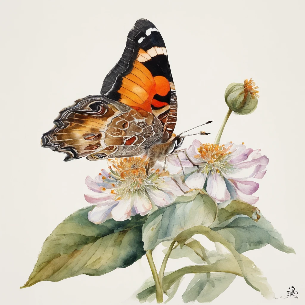 Common Buckeye Butterfly,ukiyoe painting,Huge flowers,夏天, (((white background))),Cheng Jiasui's minimalist paintings, Tumblr, Minimalism, Chinese watercolor style, Chinese style painting, Chinese painting style