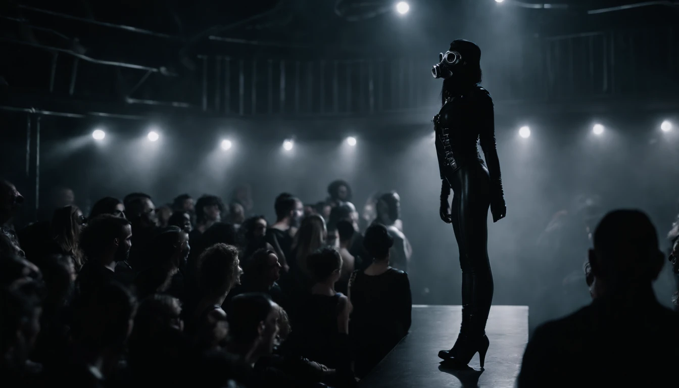 stripper dancing on a podium wearing a gas mask, latex leotard, dark clubbing, people dancing in the background, nightclub, goth club, gothic cyberpunk, cyberpunk aesthetic, industrial aesthetic, goth aesthetic, ultra detailed.